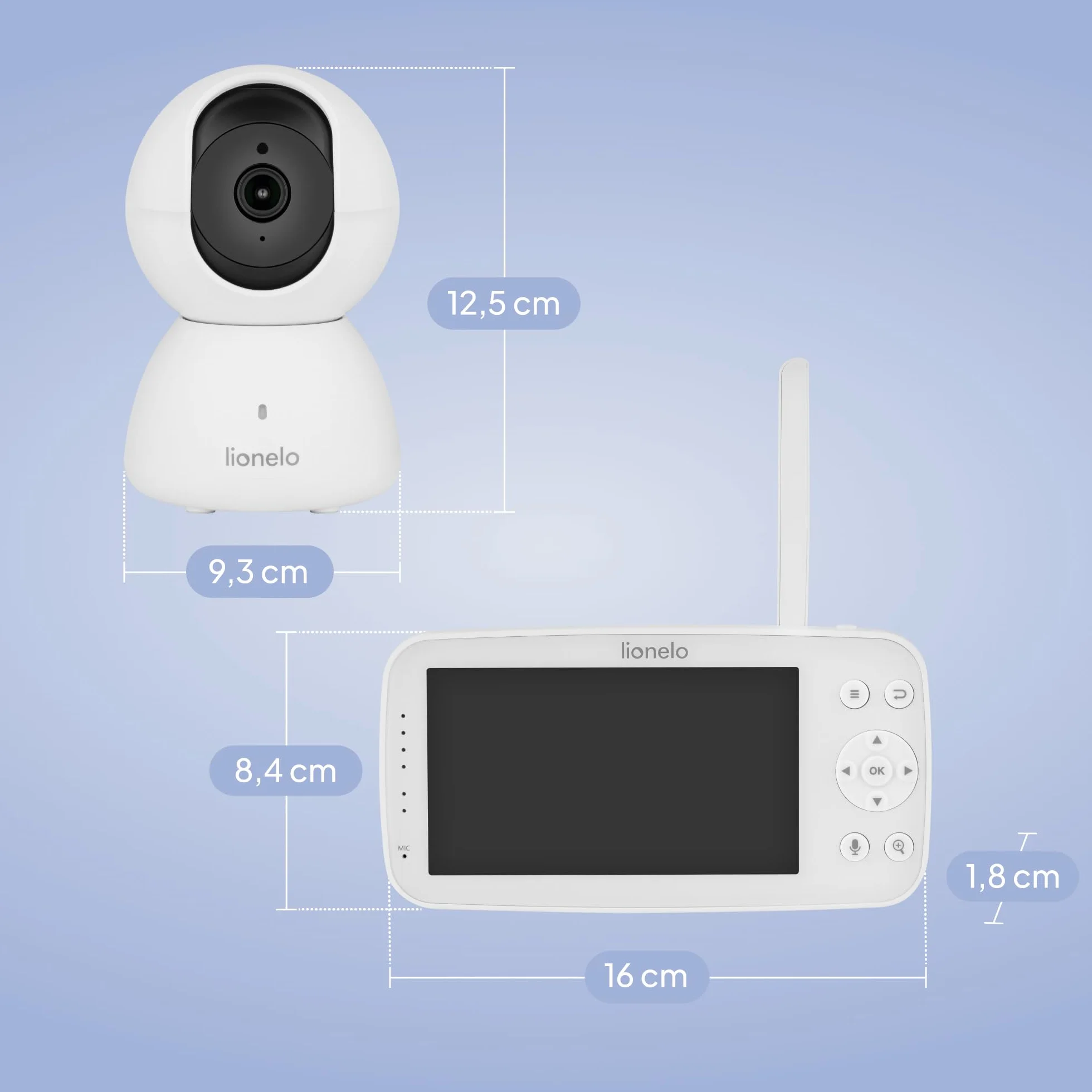 Lionelo Babyline 8.4 elektroniczna niania z kamerą i aplikacją, monitor wideo dla niemowląt z 5-calowym wyświetlaczem, Full HD 1080p, widoczność w nocy, wykrywanie ruchu i pisania, 2-drożne audio