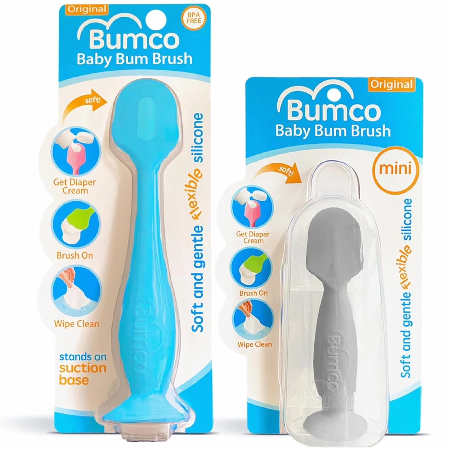 Bumco Baby Essentials dla noworodka – szczotka do pępka dla niemowląt oryginalny aplikator do wysypki na pieluchy, miękka elastyczna silikonowa szczotka, wyjątkowy prezent plus mini aplikator do wysypki z etui podróżnym, niebieski i szary