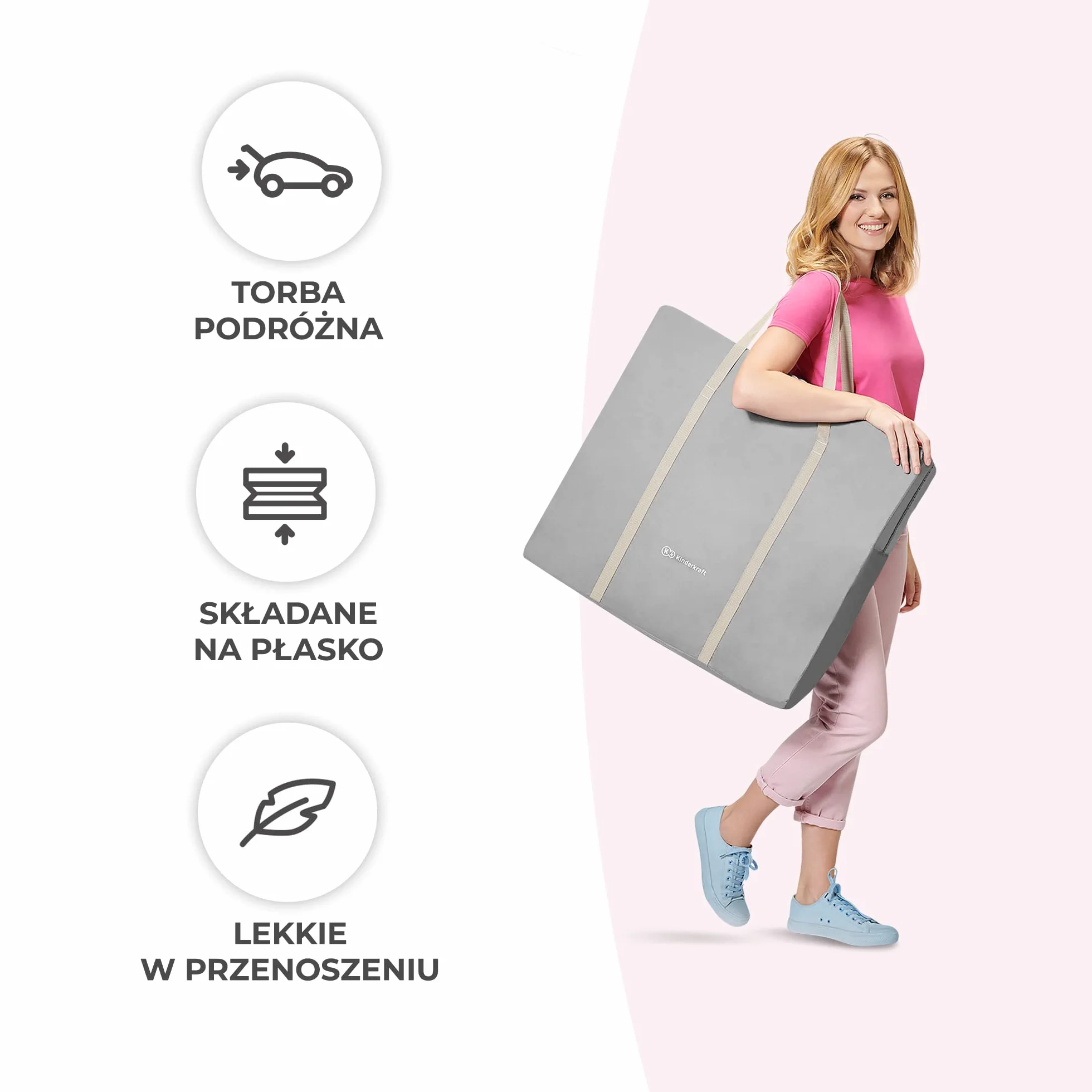 Kinderkraft Łóżeczko dziecięce 3w1 LOVI, Łóżko turystyczne, Kołyska, Proste składanie, Pałąc z zestawem zabawek i moskitera w zestawie, Regulowana budka, Torba ułatwiająca transport, do 9 kg, Szary