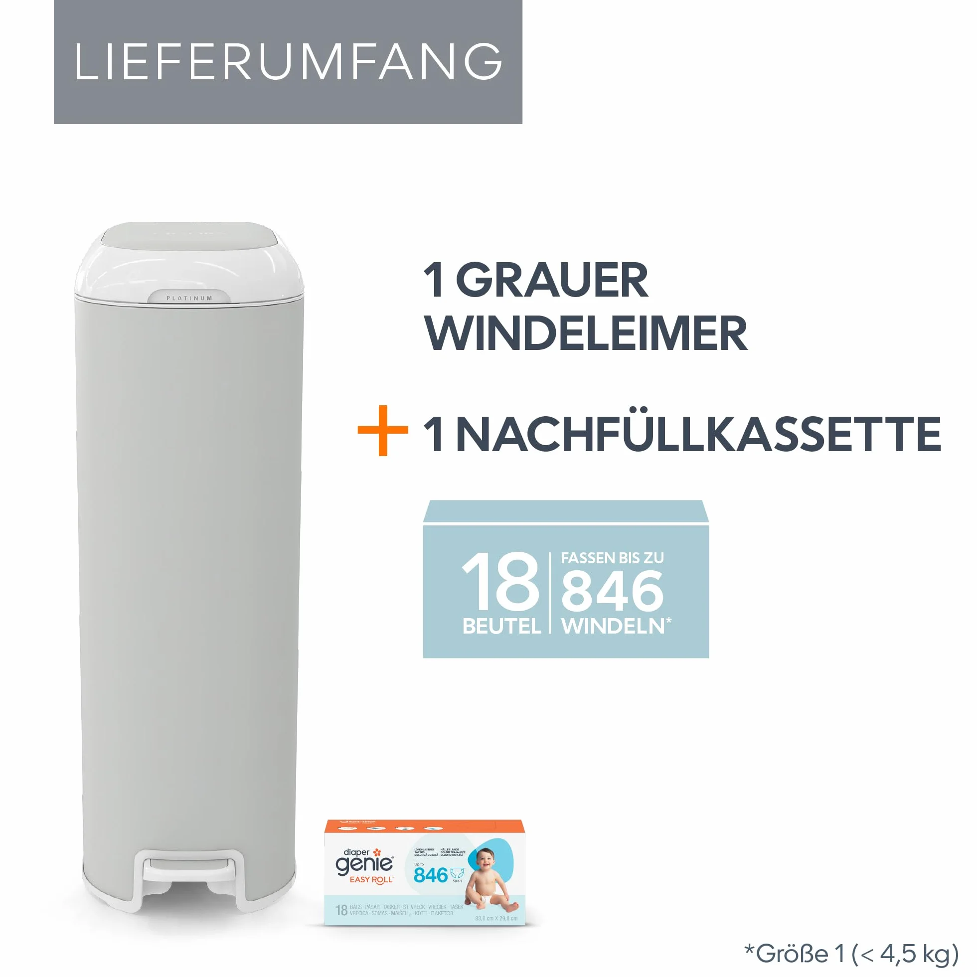 Diaper Genie Diaper Genie Platinum szary kosz na pieluchy z 1 wkładem Easy Roll 18 worków