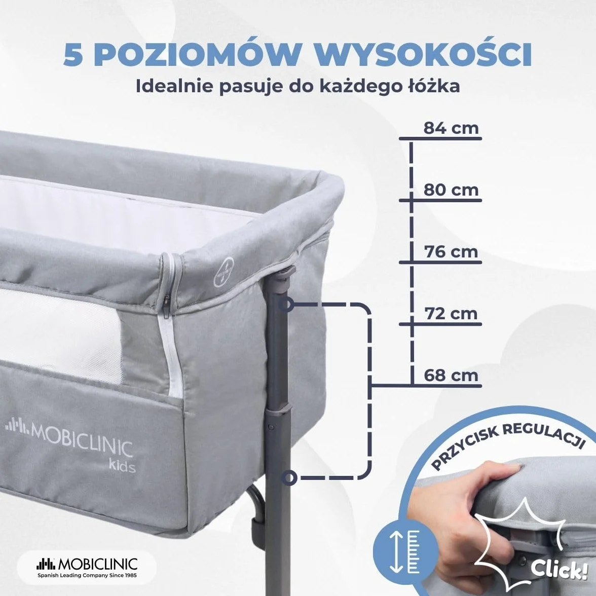 Mobiclinic®, Kołyska do wspólnego snu, Niemowlę, 2 w 1, System Mocowania łóżka, Regulowana na 5 wysokości, Torba transportowa, Zestaw zawiera koł, Oddychająca siatka, Moon