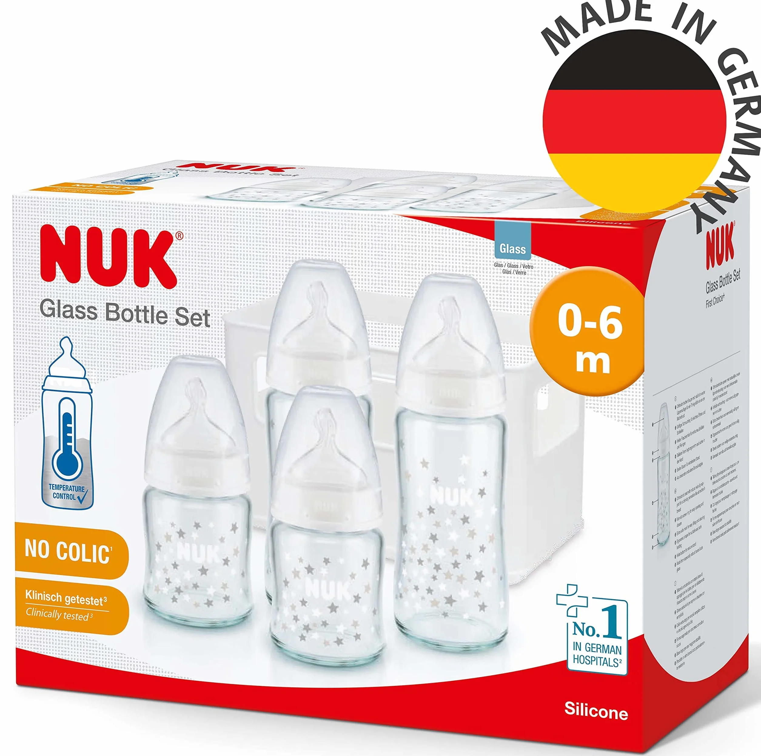 Zestaw startowy szklanych butelek dla niemowląt NUK First Choice+ | 0–6 miesięcy | 4 x butelki z regulacją temperatury i skrzynka na butelki | Otwór antykolkowy Anti Colic | Silikon | 5 elem.