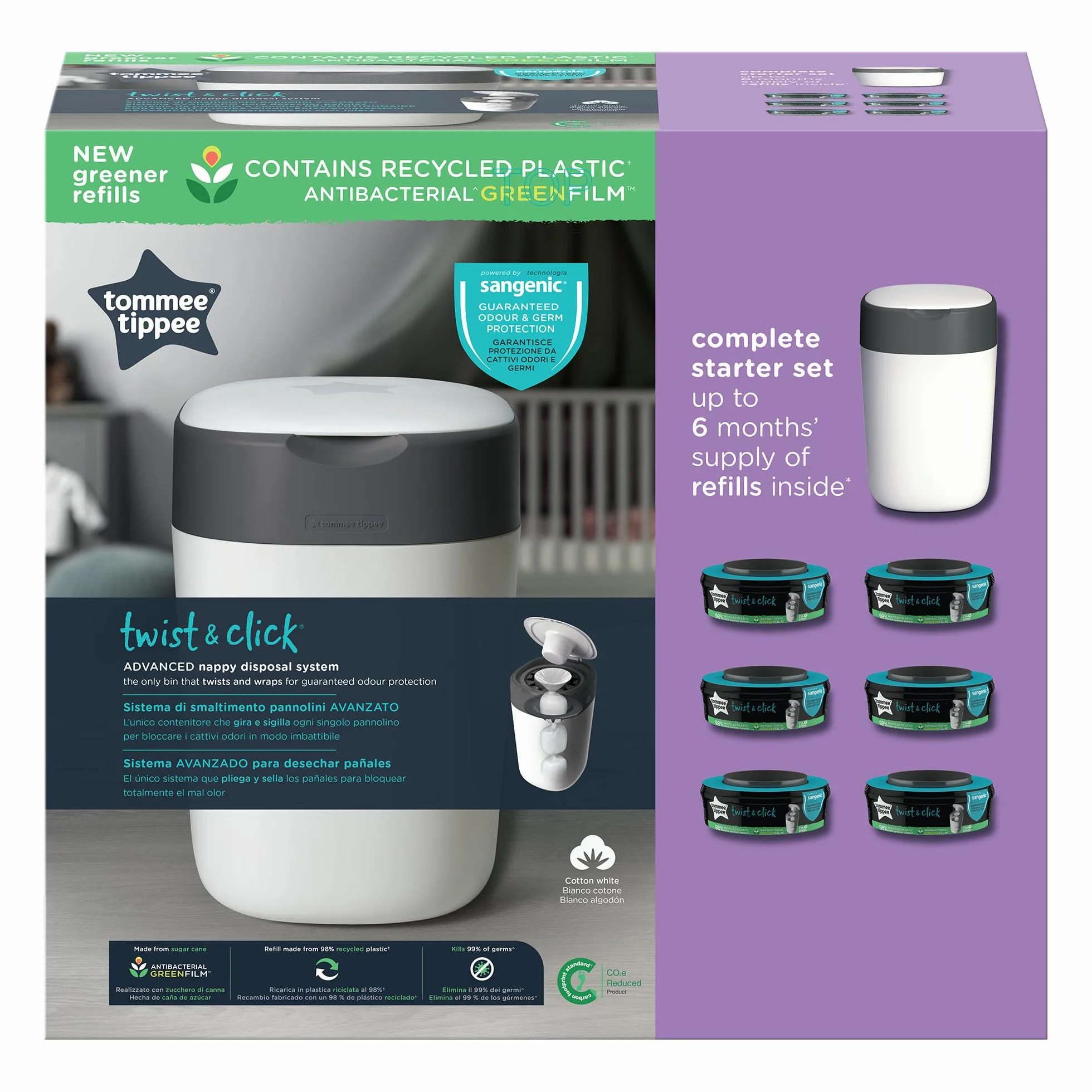 Tommee Tippee Twist and Click Advanced, bardziej przyjazny dla środowiska system z 6 wymiennymi wkładami z folią antybakteryjną GREENFILM pozyskiwaną w sposób zrównoważony, biały