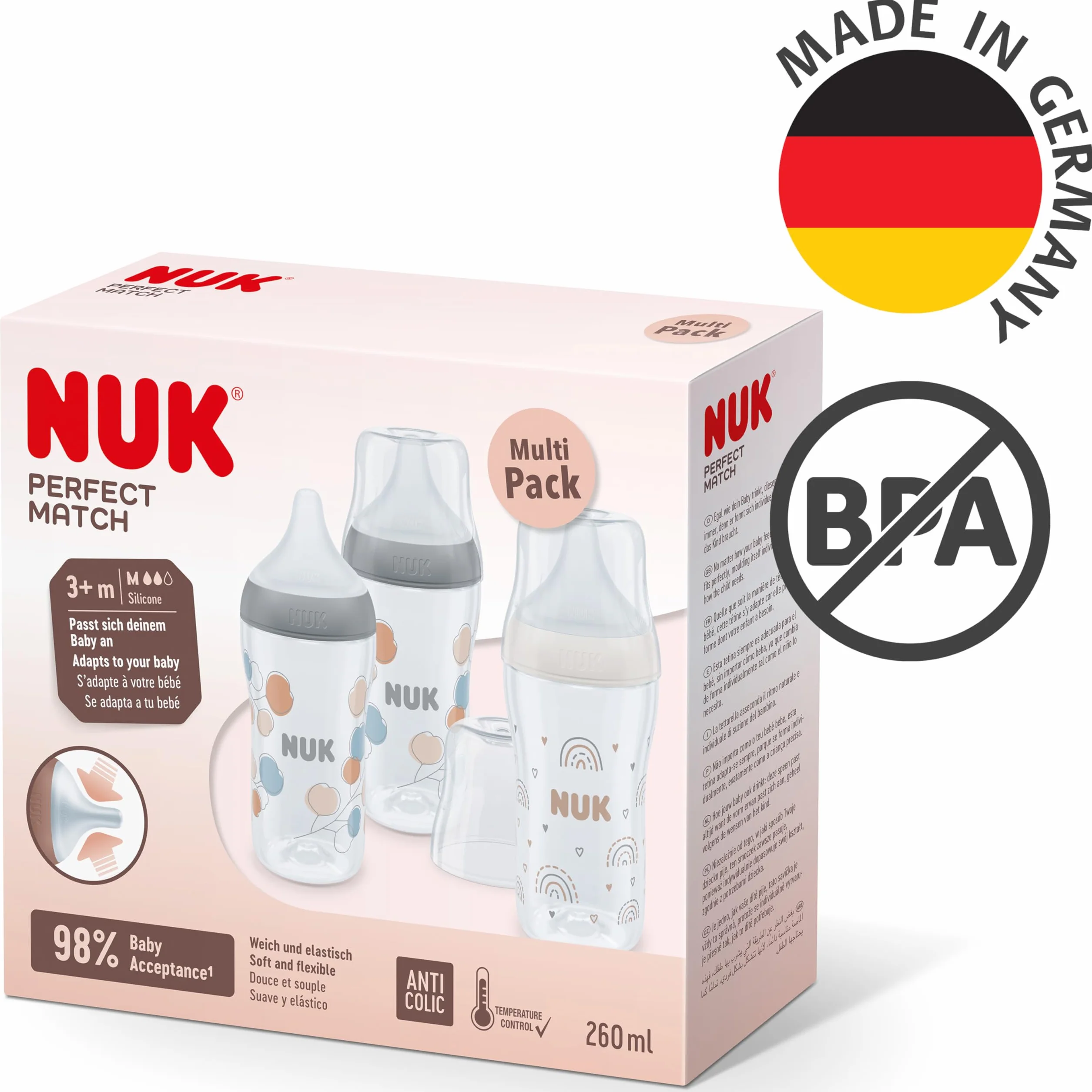 NUK Perfect Match Zestaw butelek dla niemowląt, 3+ miesięcy, pasuje do podniebienia, regulacja temperatury, odpowietrznik antykolkowy, 260 ml, bez BPA, silikonowy smoczek M, tęczowy i gałąź, 3 sztuki
