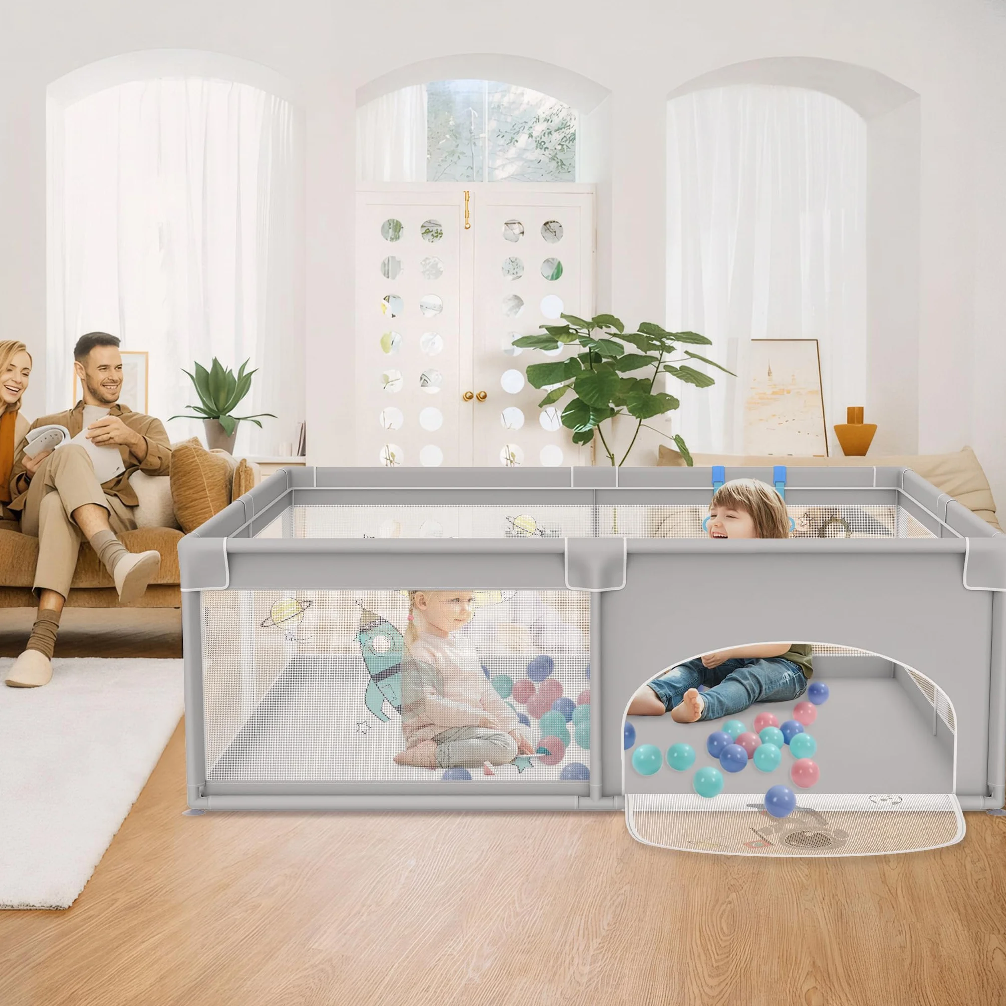 UISEBRT Kojec dla niemowląt 180 x 200 cm, kojec dla niemowląt z 50 piłkami oceanu i 4 pierścieniami pociągowymi i torbą do przenoszenia, składany namiot do kojca z oddychającą siatką dla dzieci, szary