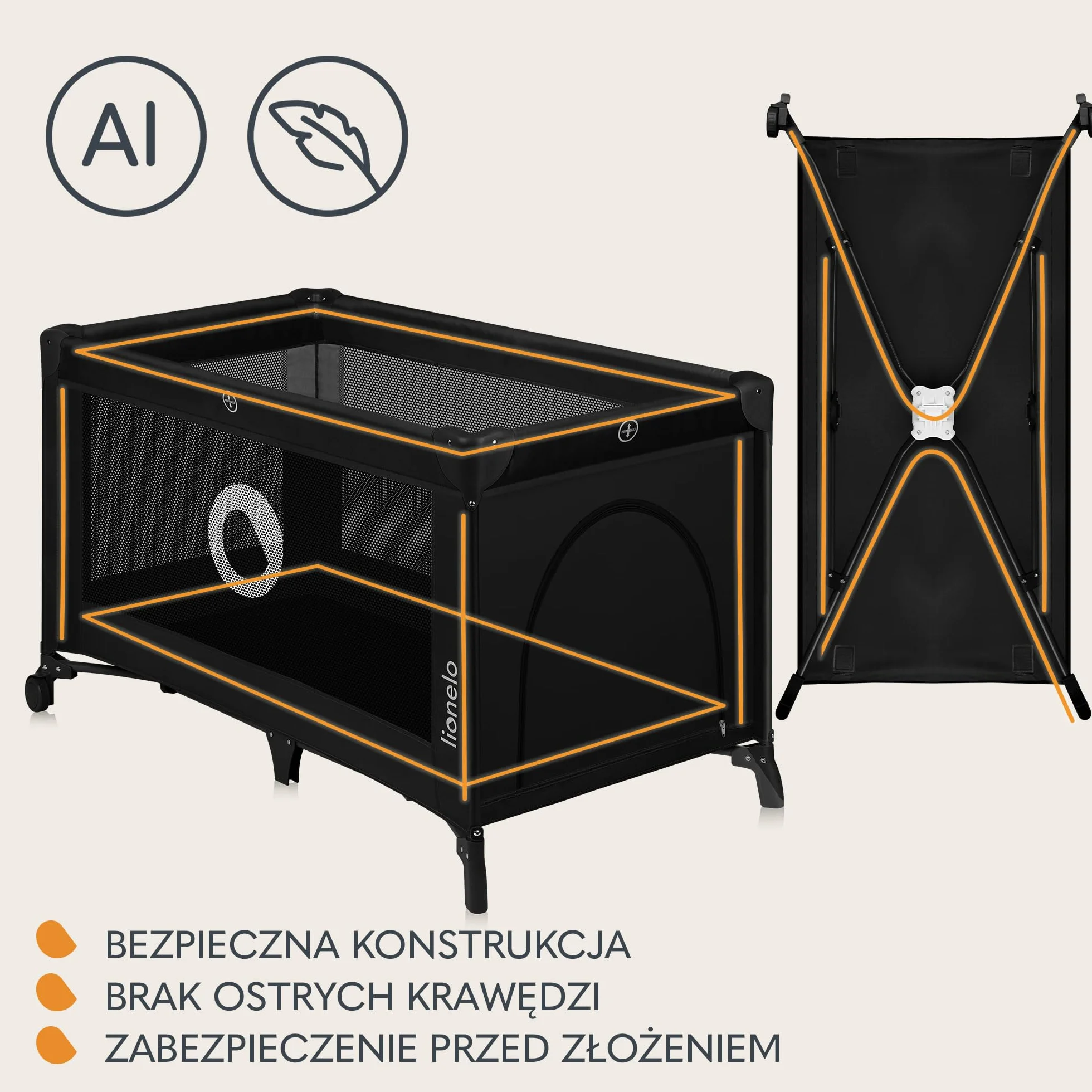 Lionelo Stefi 2 w 1 łóżeczko turystyczne, łóżko dziecięce z przewijakiem, przewiewne ścianki, system LockGuard, łóżeczko przenośne do 15 kg, składane, torba transportowa
