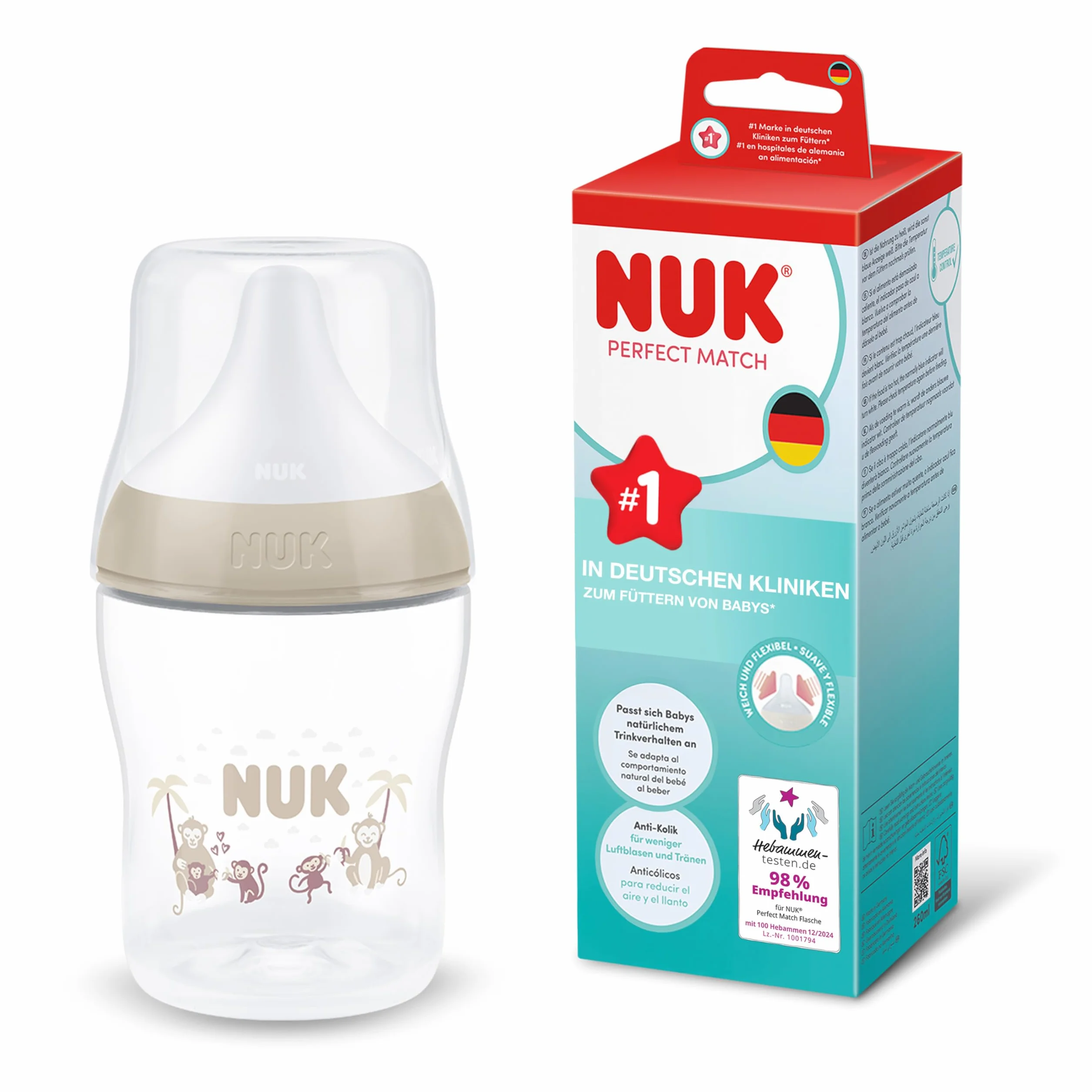 NUK Perfect Match Butelka dla niemowląt | 0+ miesięcy | 150 ml | Butelka przeciwkolkowa | PP | Wskaźnik kontroli temperatury | Małpka | 1 sztuka