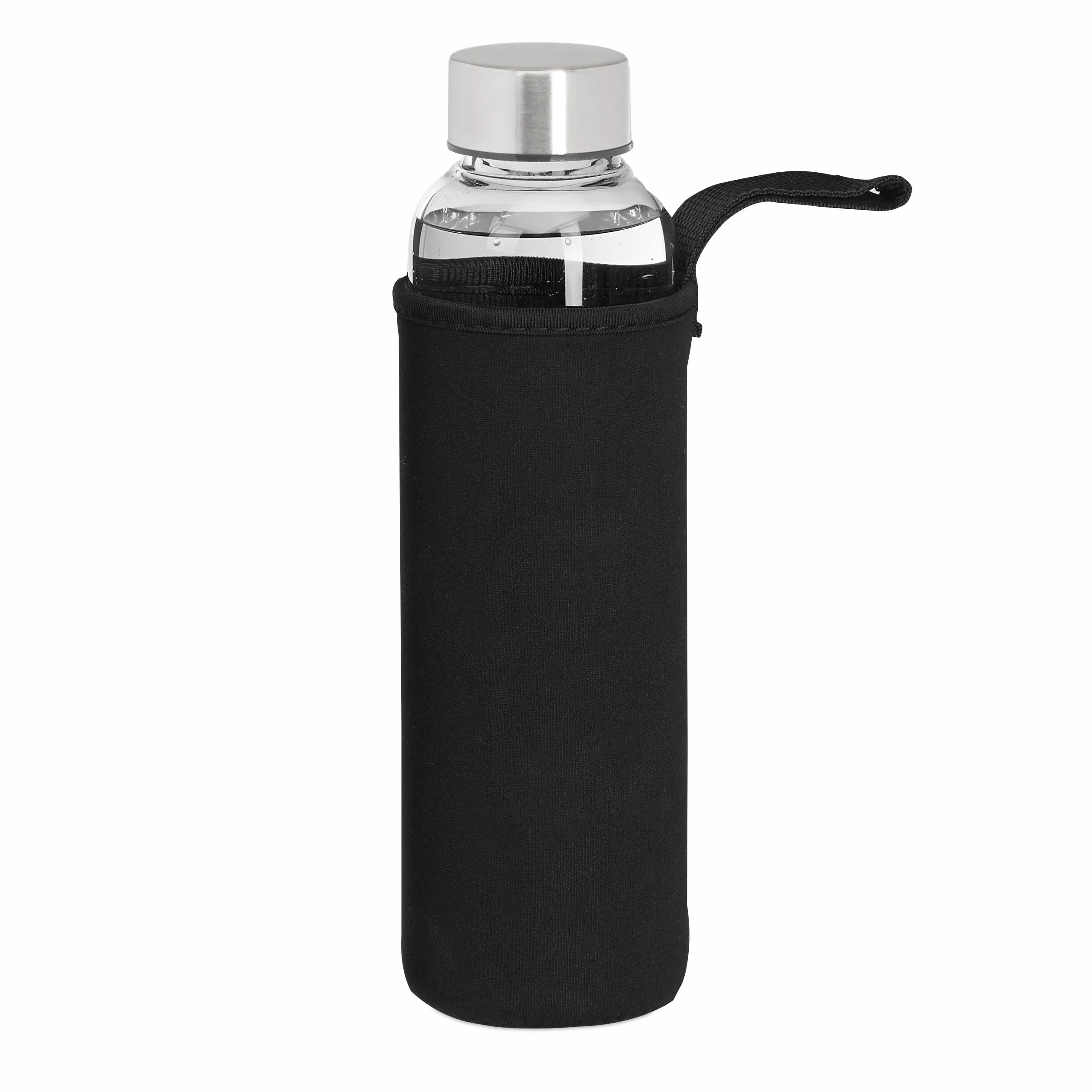 Relaxdays Zestaw 6 szklanych butelek do picia, butelka na wodę z pokrywką, 500 ml, można myć w zmywarce, wodoodporna, przezroczysta/czarna
