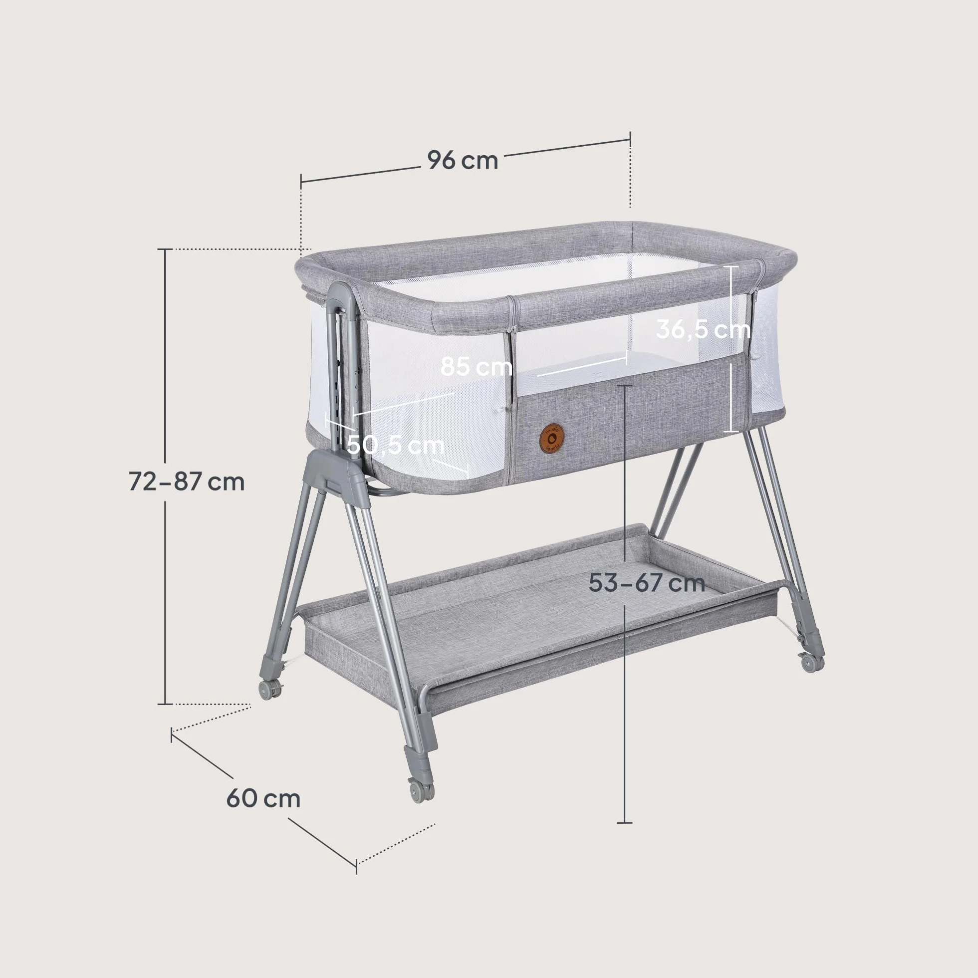 LIONELO Luna przenośne łóżeczko dostawne z materacykiem, co-sleeping, od noworodka do 9 kg. Regulowana wysokość i pochył, 4 kółka z blokadą, mocowanie do łóżka rodziców, przewiewne