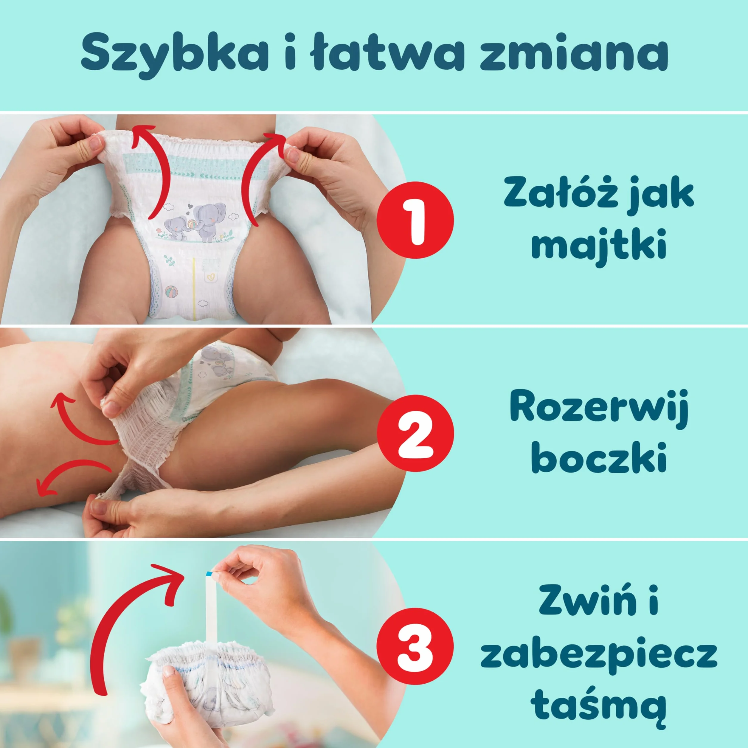 Pampers Premium Care Pieluchomajtki Rozmiar 4, 94 szt., 9kg-15kg, pełne dopasowanie 360° i miękkie osłonki wokół nogawek zapewniają największy komfort i najlepszą ochronę