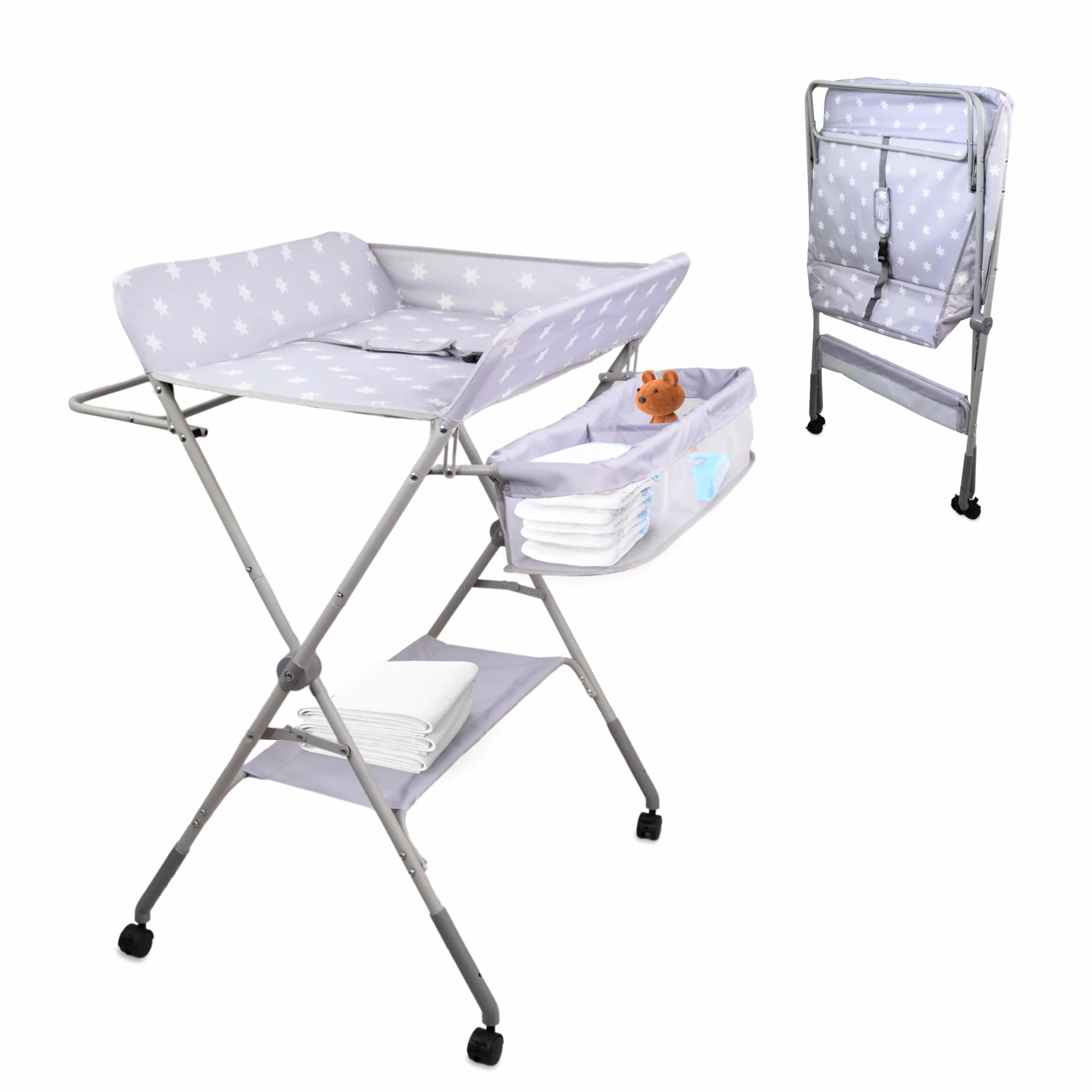 Mobiclinic®, Stół do Przewijania Niemowląt, Składany, Regulowana Wysokość, Do 15 kg, 0–36 Miesięcy, Organizer na Pieluchy, Kółka 360° z Hamulcem, Uprząż i Barierka Zabezpieczająca, Zmywalny, Zoey