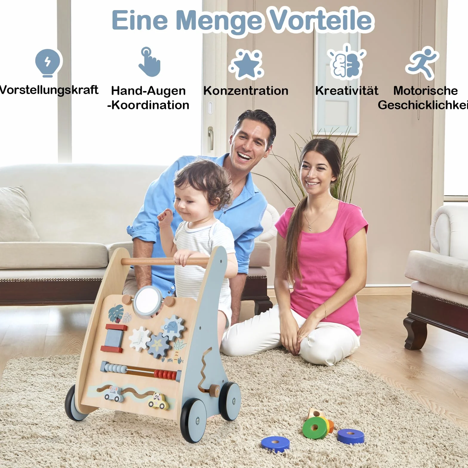 GOPLUS Wózek do nauki chodzenia 2 w 1, drewniany z interaktywnymi elementami, tylna półka, wózek do biegania Montessori Baby Walker dla dziewczynek i chłopców od 1 roku życia
