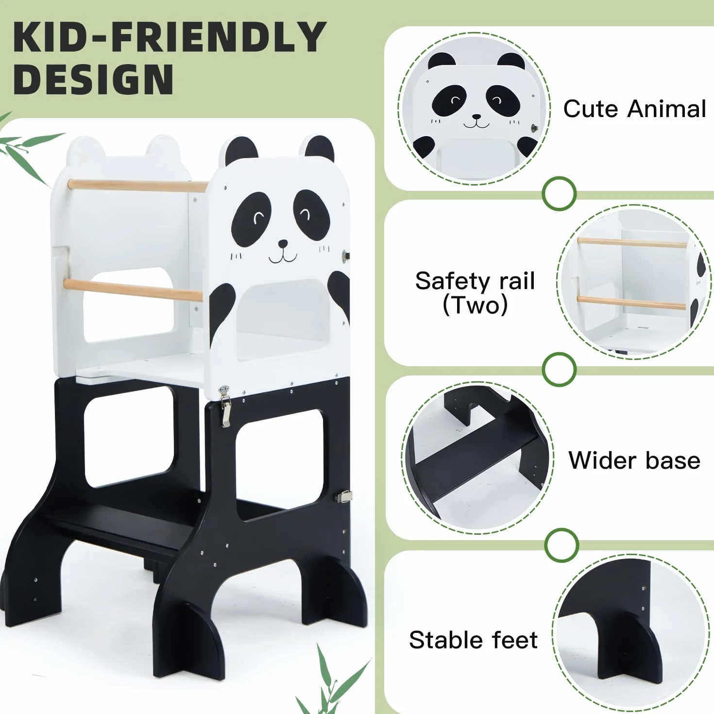 labebe Montessori Learning Tower, składana wieża edukacyjna dla dzieci, 2 w 1, z tablicami informacyjnymi, od 1 roku życia, panda