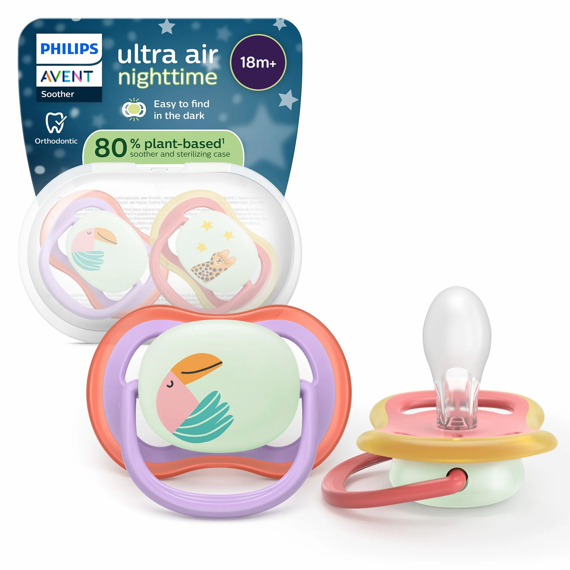 Philips Avent Ultra Air Nighttime Smoczki — ortodontyczny smoczek dla dzieci w wieku ponad 18 miesięcy, świecący w ciemności, wyjątkowo sztywna symetryczna silikonowa końcówka, 2 sztuki, SCF376/33