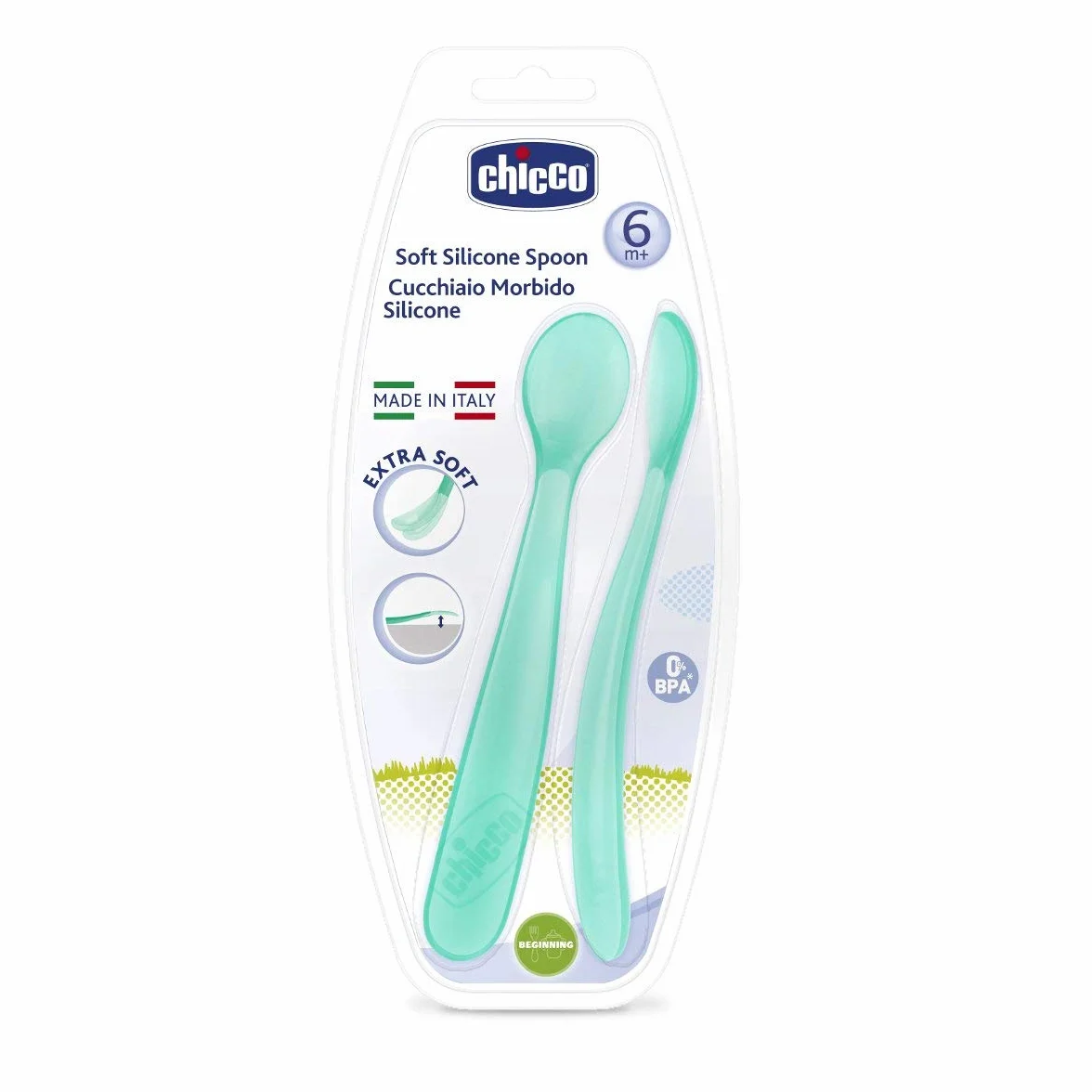 Chicco Silikonowe Łyżeczki dla Niemowląt, Zestaw 2 Miękkich Łyżek dla Niemowląt i Małych Dzieci, Delikatne i Elastyczne, z Ergonomiczną i Zakrzywioną Rączką, 2 sztuki, 6+ miesięcy, niebieskie
