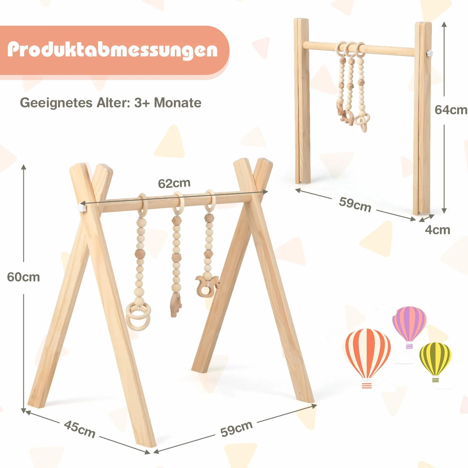 COSTWAY Pałąk edukacyjny, drewniany stojak edukacyjny z 3 wiszącymi zabawkami, zabawka rozwijająca zdolności poznawcze i sensoryczne, stojak aktywizujący z pełnego drewna, prezent dla dziecka od 3 miesiąca życia (naturalne drewno)