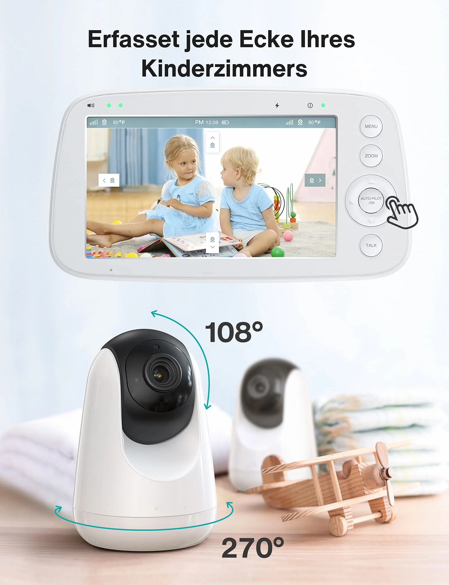 Elektroniczna niania z dzielonym ekranem, 5" 720P z 2 kamerami, monitorowaniem audio i wideo, pochylonym zoomem, zasięg 300 m, akumulator 4500 mAh, widoczność w nocy na podczerwień i monitor