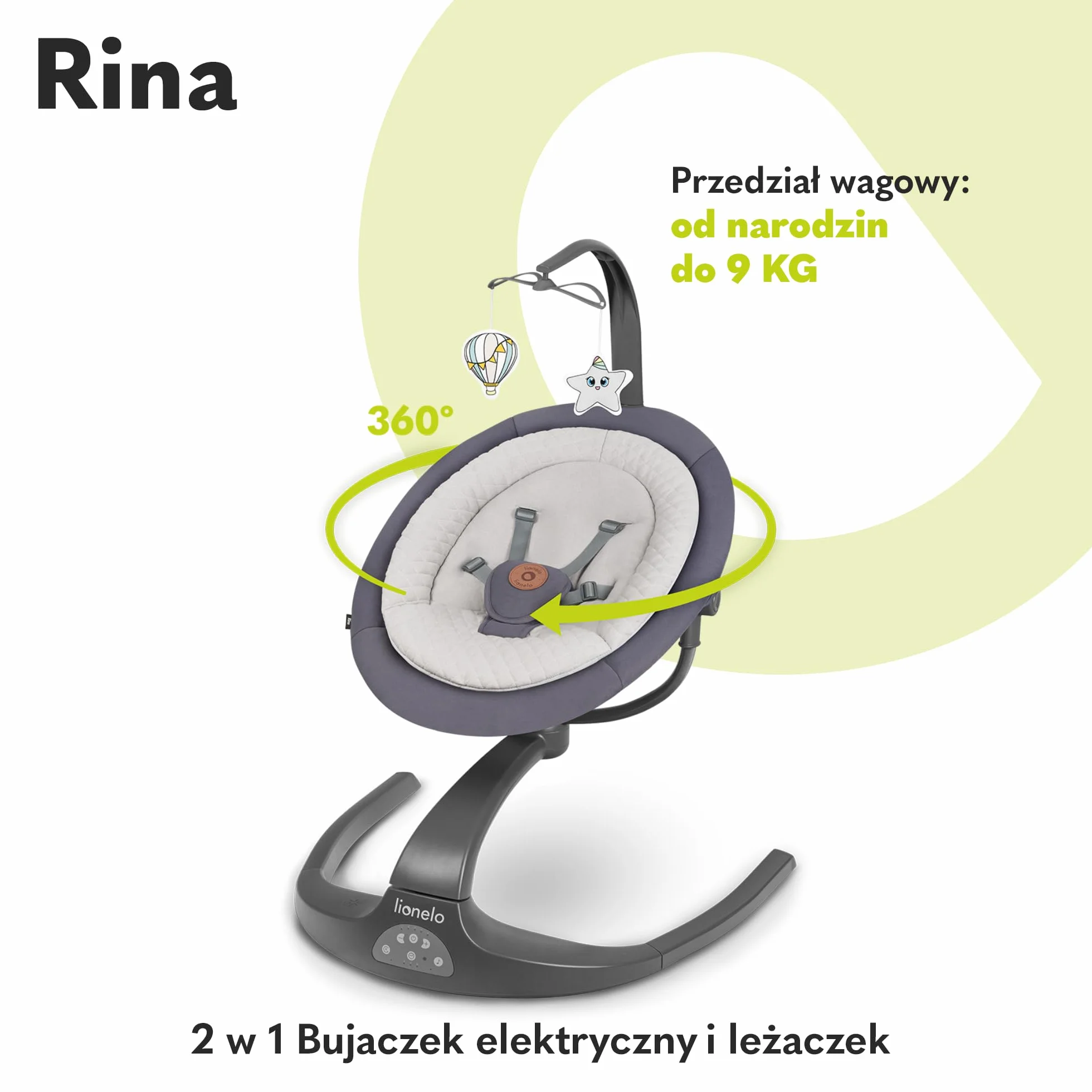 LIONELO Rina bujaczek i leżak 2w1, pilot, obrotowe siedzisko 360°, dwa kierunki bujania, 5 prędkości bujania, blokada, regulacja oparcia, timer, 12 melodii