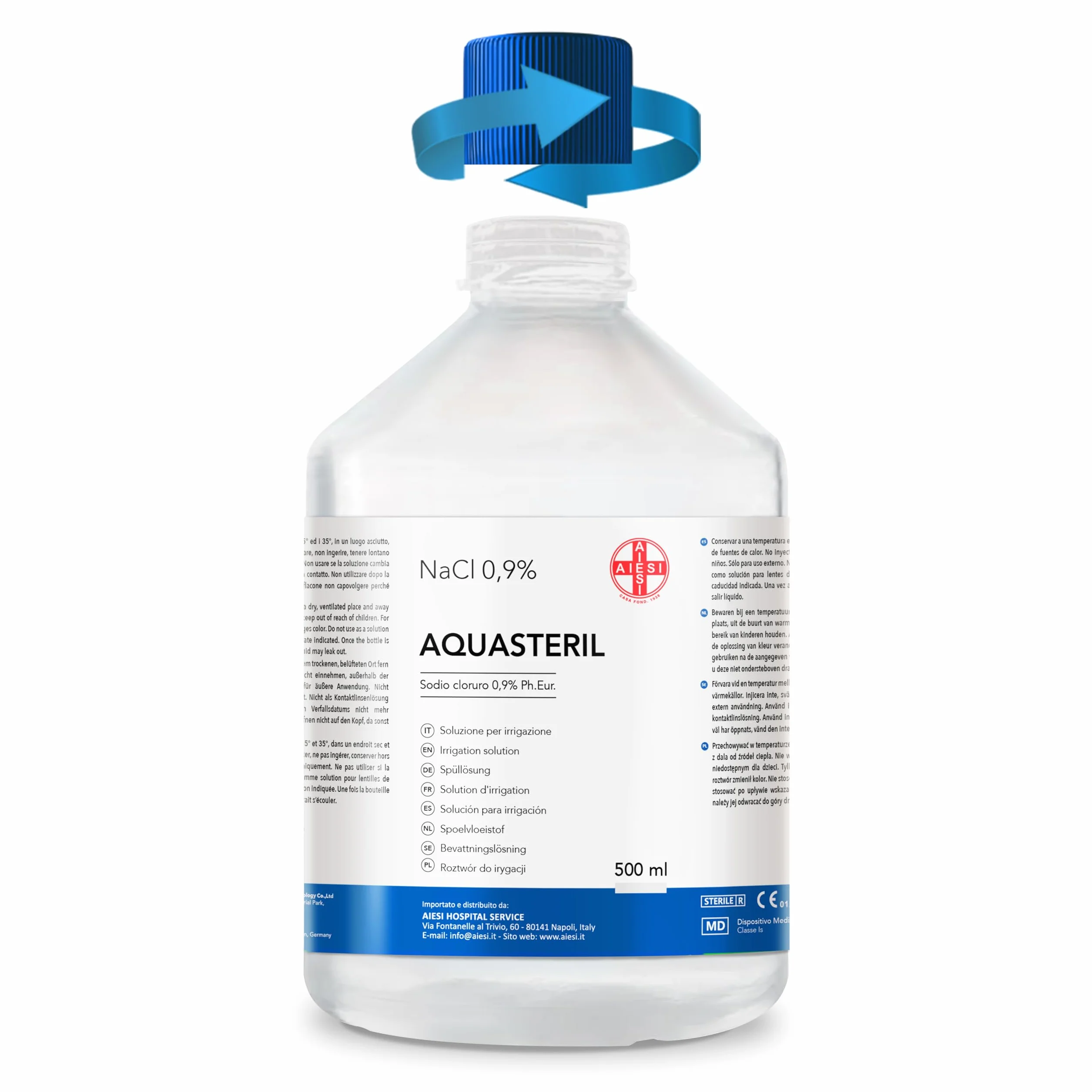 AIESI® Fizjologiczny roztwór soli fizjologicznej (500 ml) do płukania nosa, aerozoli i irygacji z zamykaną nakrętką AQUASTERIL, 0,9% chlorek sodu