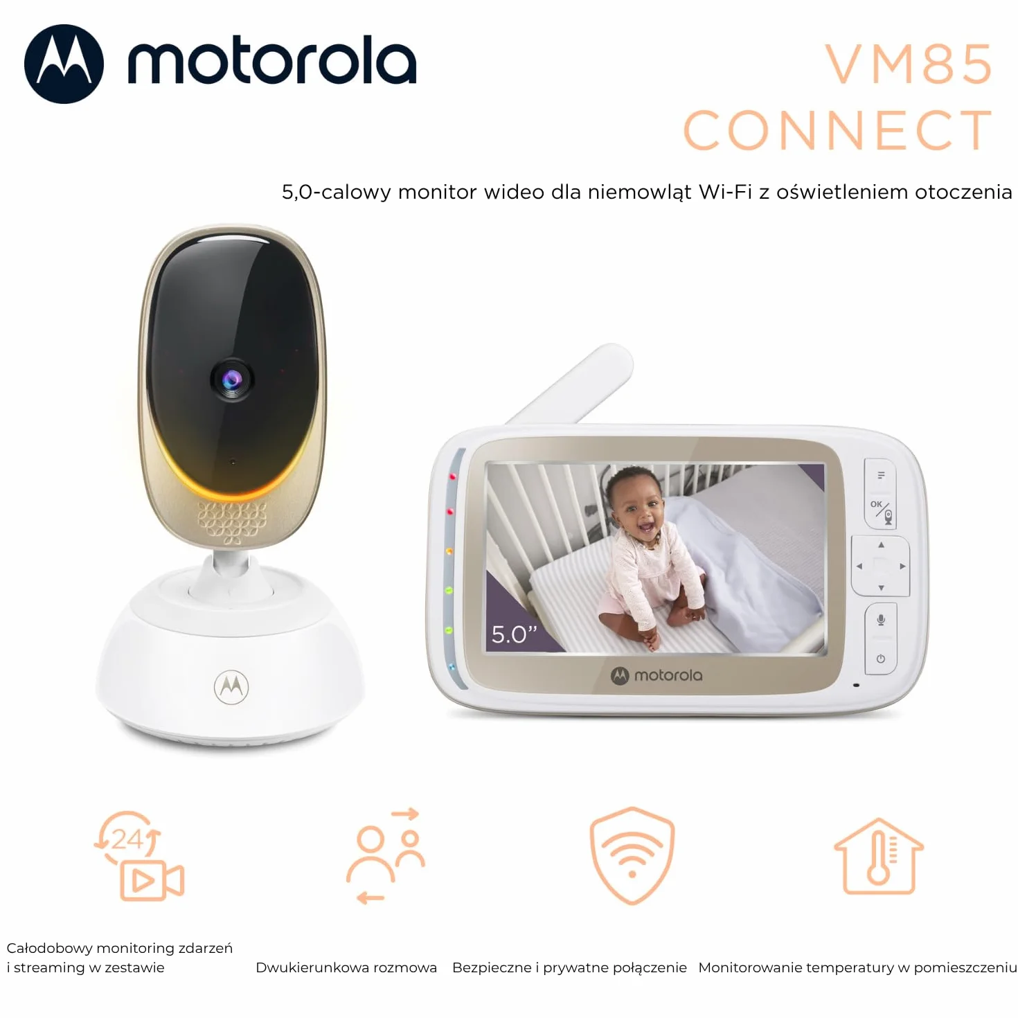 Motorola Nursery VM85 Connect Baby Monitor z kamerą – WiFi i aplikacja mobilna, wyświetlacz 5”, widzenie nocne, obrót/pochylenie, dwukierunkowa rozmowa, kołysanki