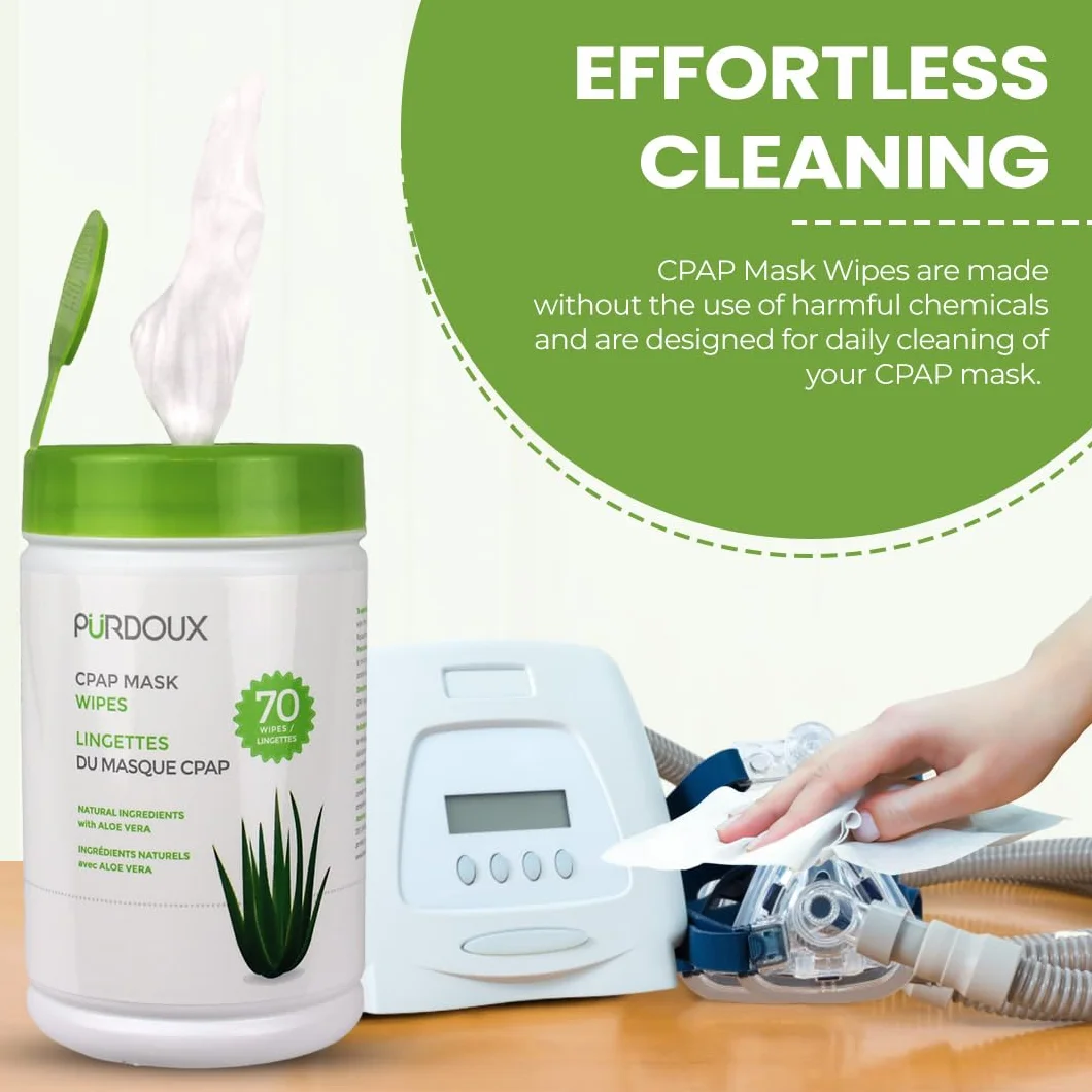 PÜRDOUX ™ CPAP maska chusteczki, aloes, kanister 70 chusteczek nawilżanych