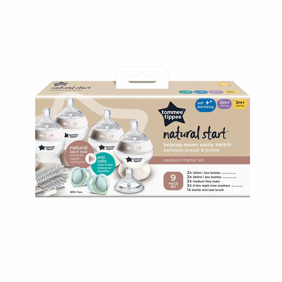 Natural Start Tommee Tippee zestaw dla niemowląt, antykolkowe butelki 150 ml/260 ml, ze średnim przepływem w kształcie piersi, samosterylizujące