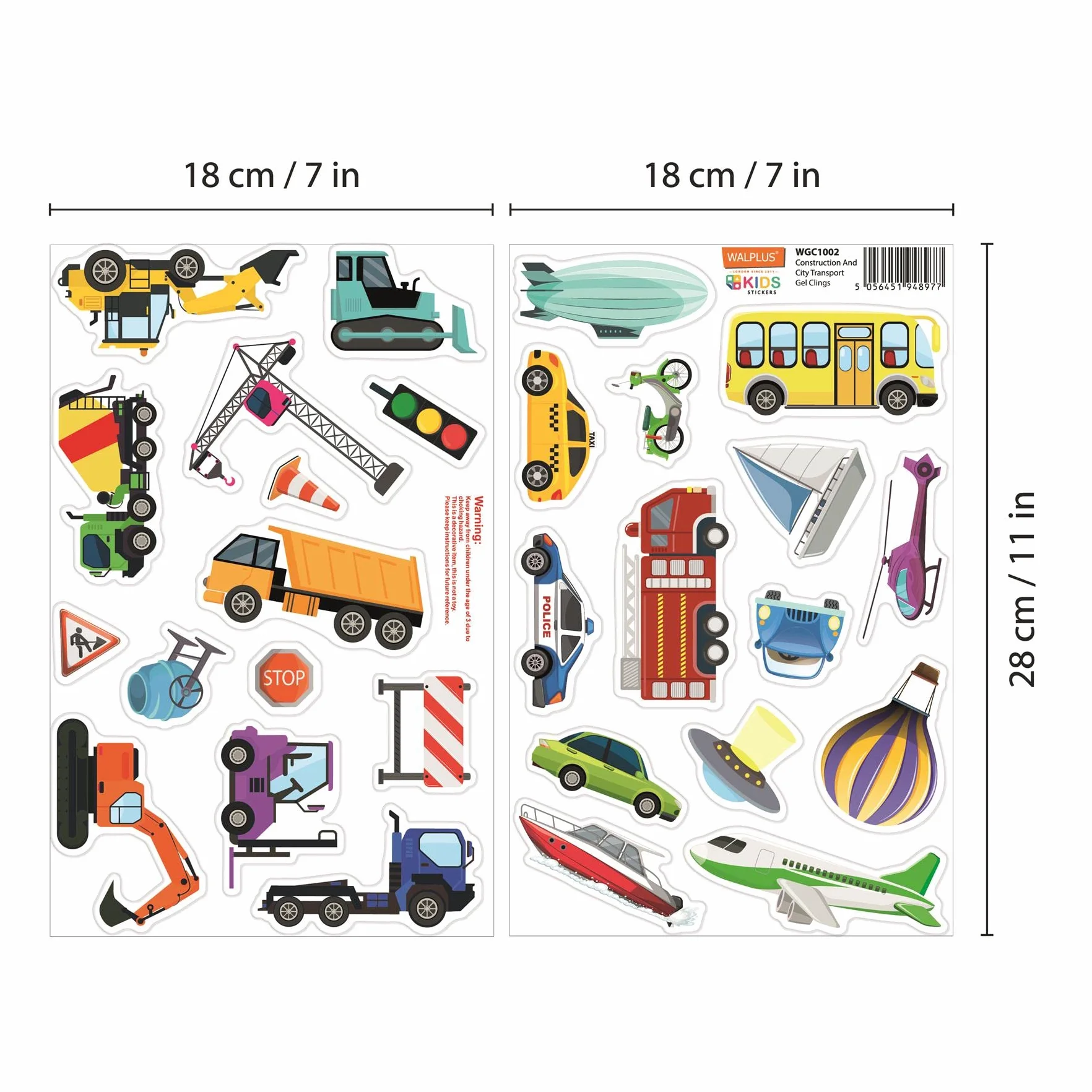 Walplus Klej żelowe naklejki ścienne usuwalne i wielokrotnego użytku idealne na prezenty dekoracje do sypialni Łatwy w użyciu Budowa i transport miejski 28 szt. 18 x 28 cm wielokolorowe