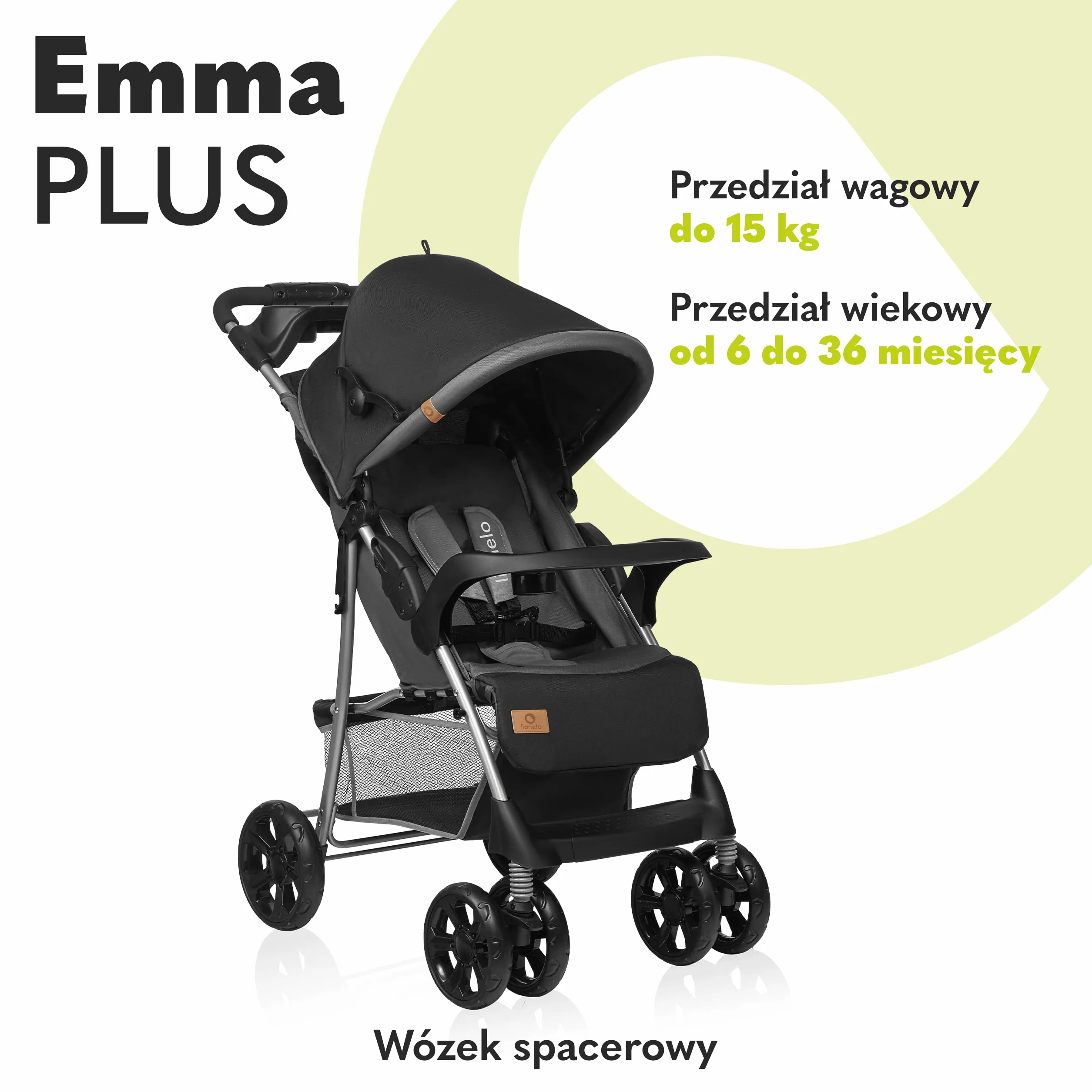LIONELO Emma Plus Wózek Spacerowy Dziecięcy, Spacerówka od 6 do 36 Miesięcy do 15 kg, Lekka Konstrukcja, 5-punktowe Pasy, Blokada Skrętu Amortyzatory Kosz na Zakupy, Daszek XXL