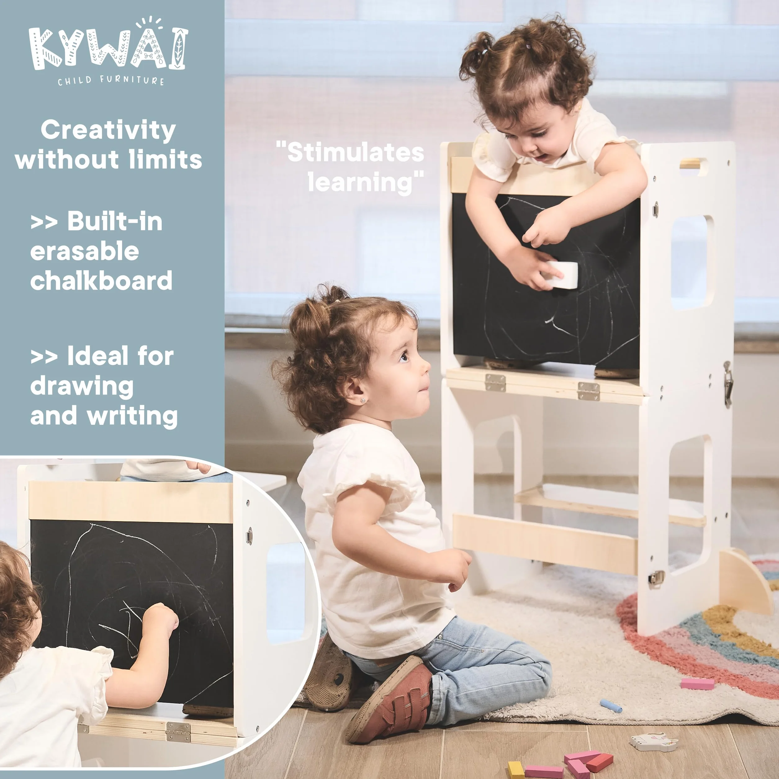 Wieża obserwacyjna dla dzieci - wieża obserwacyjna Montessori 3 w 1 z blatem - bezpieczna szafka ewolucyjna - ekologiczne drewno - wytrzymała konstrukcja zapewniająca autonomię i budzenie w