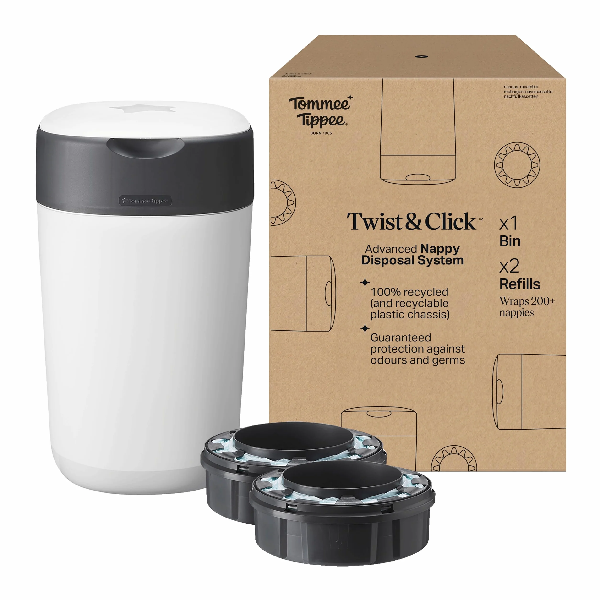 Tommee Tippee Zaawansowany kosz na pieluchy Twist and Click, ekskluzywny zestaw zawiera 2 kasety uzupełniające, gwarantowana ochrona przed zapachami i zarazkami, duża pojemność (opakowanie może się