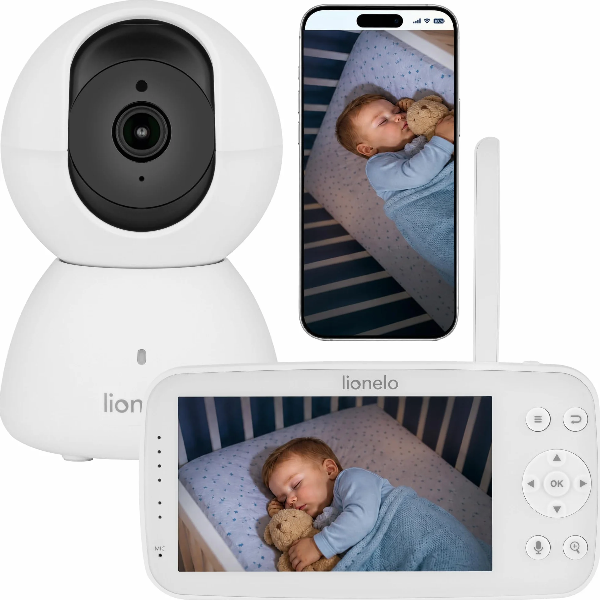 Lionelo Babyline 8.4 elektroniczna niania z kamerą i aplikacją, monitor wideo dla niemowląt z 5-calowym wyświetlaczem, Full HD 1080p, widoczność w nocy, wykrywanie ruchu i pisania, 2-drożne audio