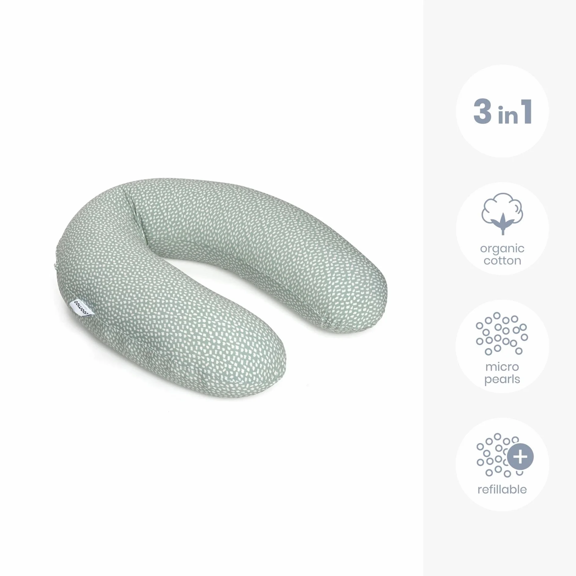 Doomoo Poduszka do karmienia i ciąży Buddy – 180 cm, w zestawie poszewka z bawełny ekologicznej, z delikatnym wypełnieniem z mikroperełek EPS, Oeko-Tex® Standard 100, Cloudy khaki