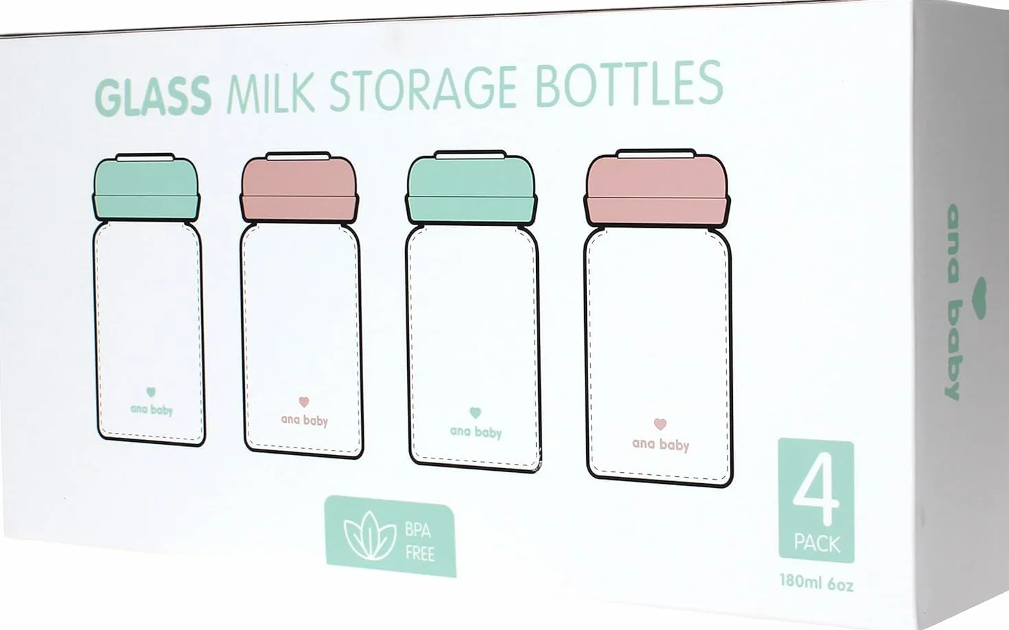 Szklane butelki do przechowywania mleka matki, 180 ml, nadają się do mycia w zmywarce, zamrażarce i kuchence mikrofalowej (szklane butelki do przechowywania mleka matki, 4 x 180 ml)