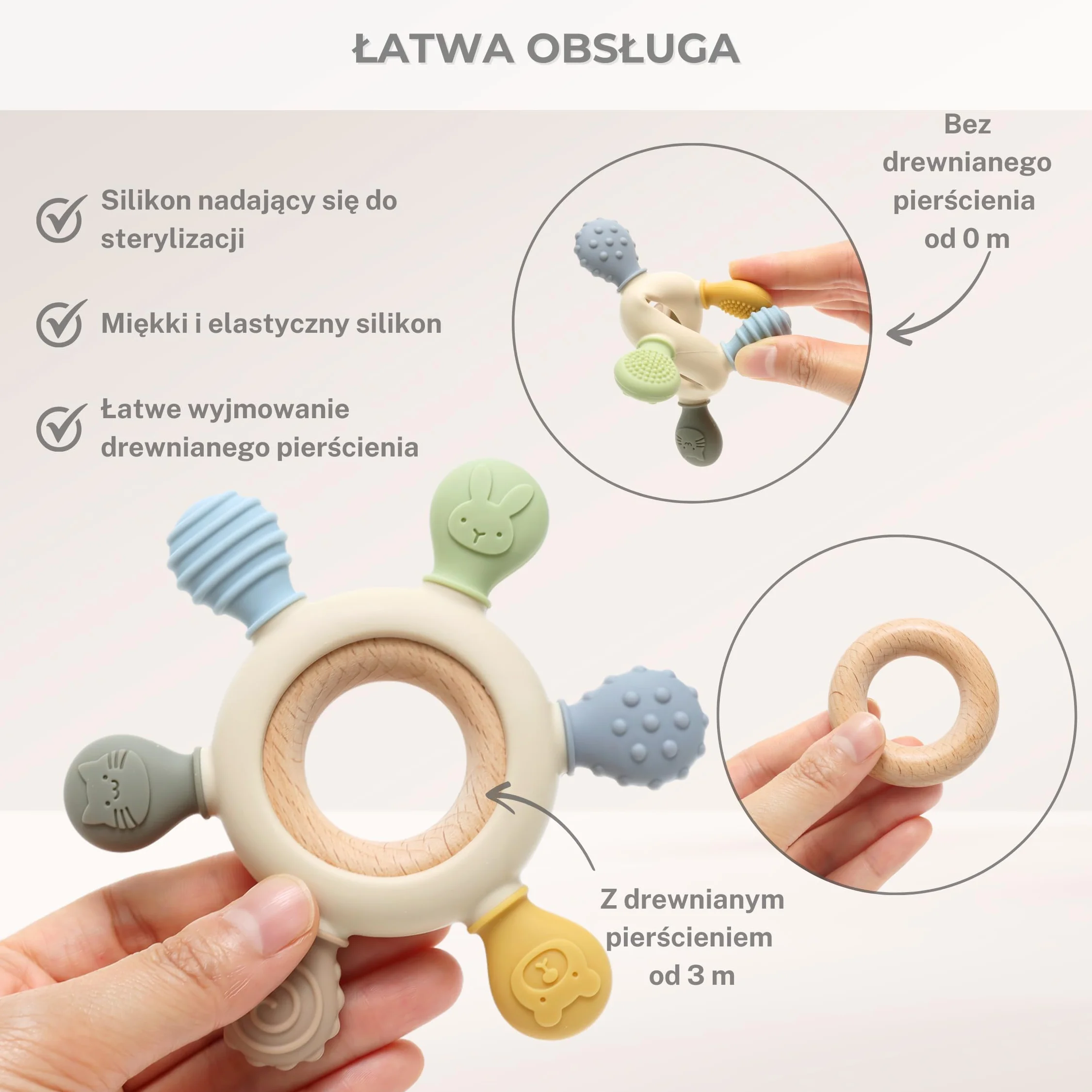 CAJA gryzak niemowlęcy silikonowy i drewniany bez BPA zabawka sensoryczna na ząbkowanie bezpieczny prezent z motywem zwierząt dla chłopca i dziewczynki łatwy do trzymania przez dziecko