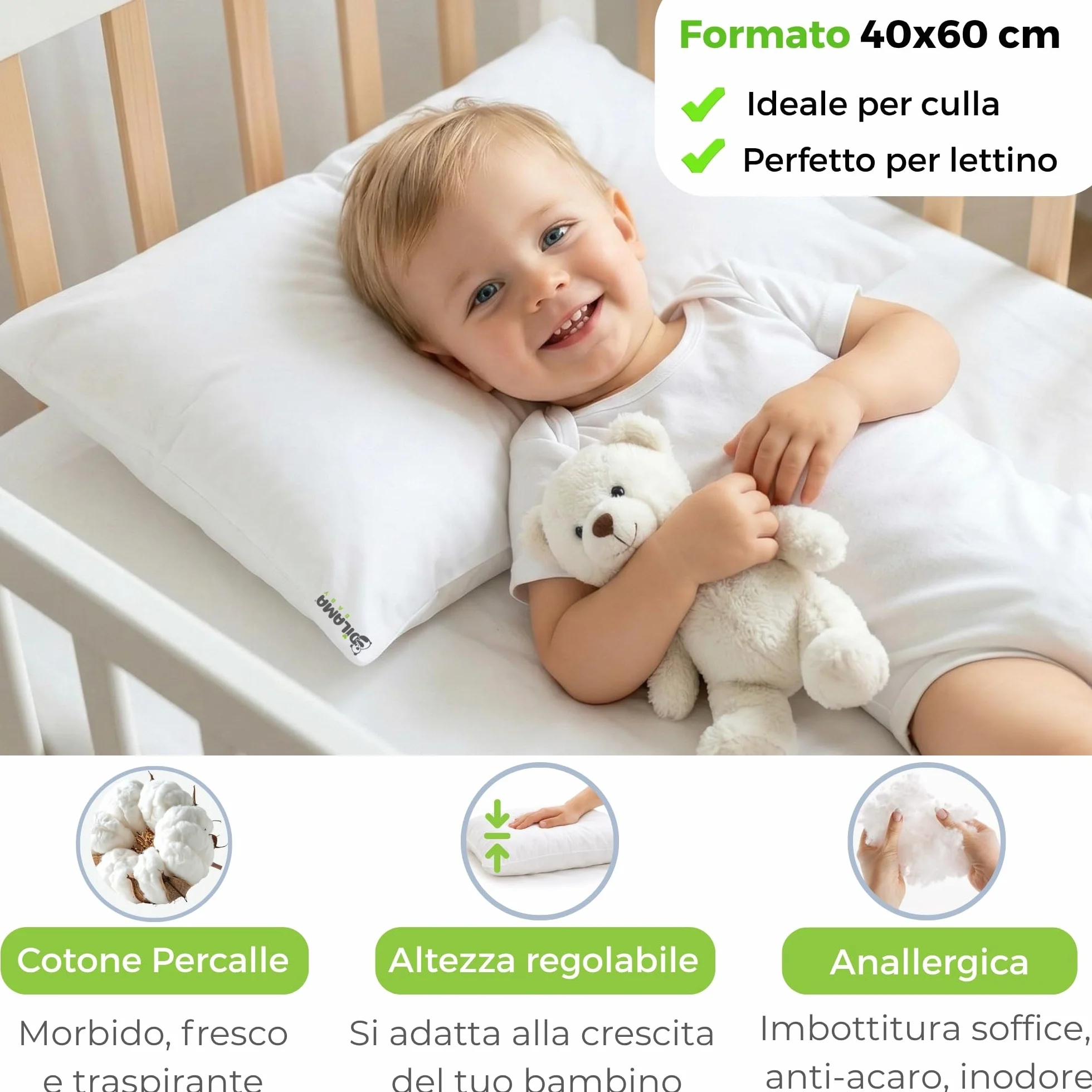 Dilamababy - Poduszka do łóżeczka dziecięcego z regulacją wysokości 40 x 60 cm - Poduszka dziecięca z poszewką na poduszkę 100% bawełna, antyroztoczowa, antyalergiczna - idealna dla dzieci w wieku 2 3