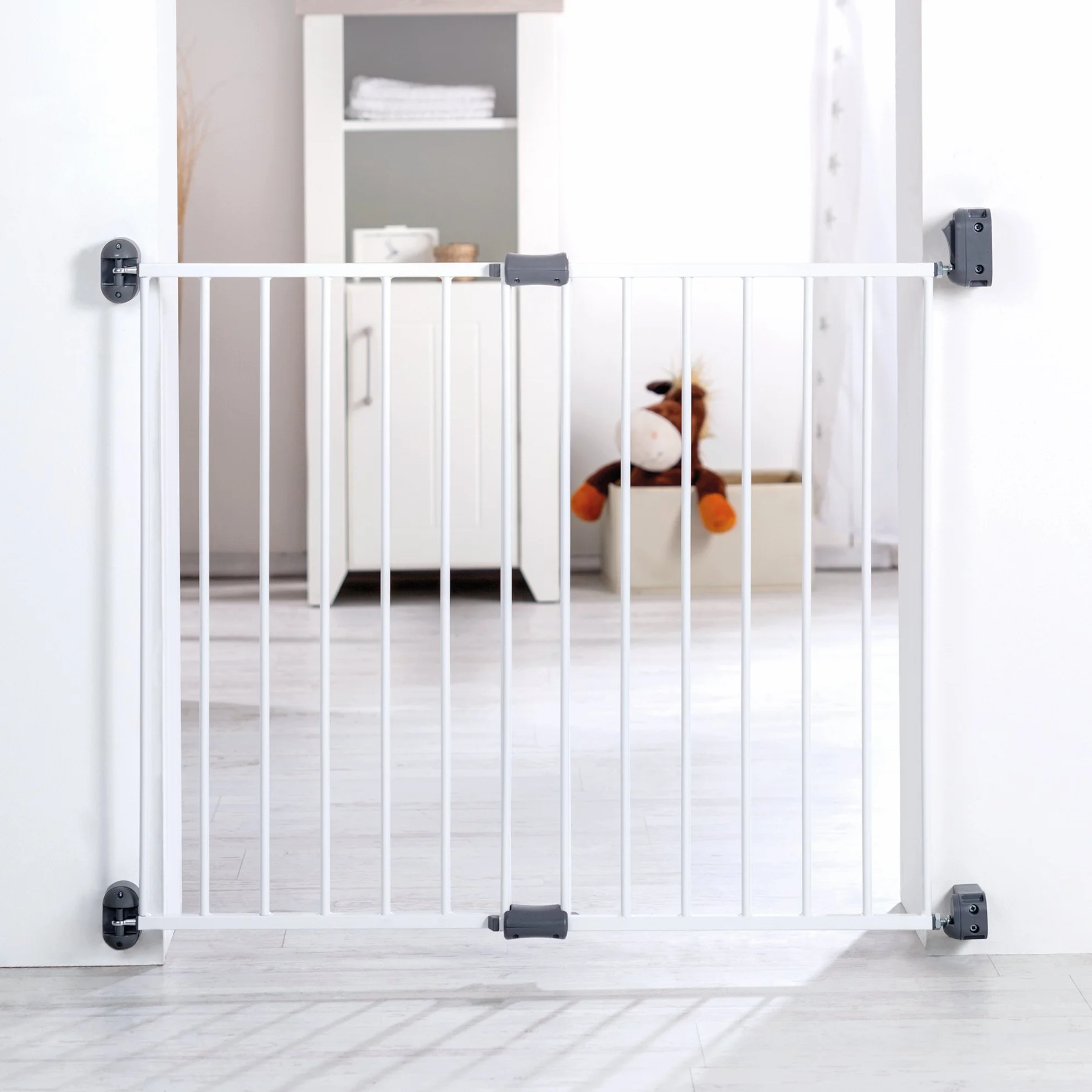 Roba kratka ochronna do drzwi "Easy Step", metalowa kratka ochronna, biała, zabezpieczenie przelotowe, regulowana szerokość 60-97 cm, kratka na drzwi i schody, dla dzieci i zwierząt domowych