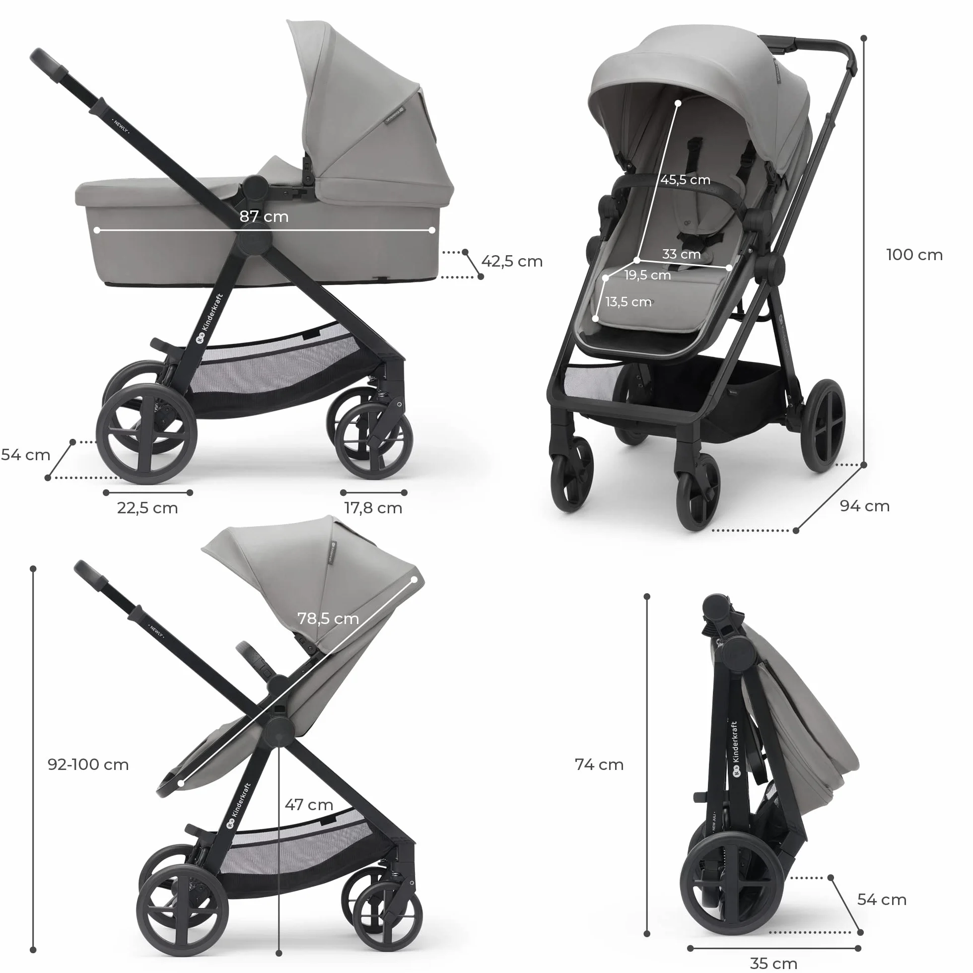 Kinderkraft NEWLY 3w1, wielofunkcyjny wózek dziecięcy, Travel System, funkcja spacerówki, fotelik samochodowy, akcesoria, regulacja oparcia, filtr UPF50+, lekki, od urodzenia do 22 kg, szary