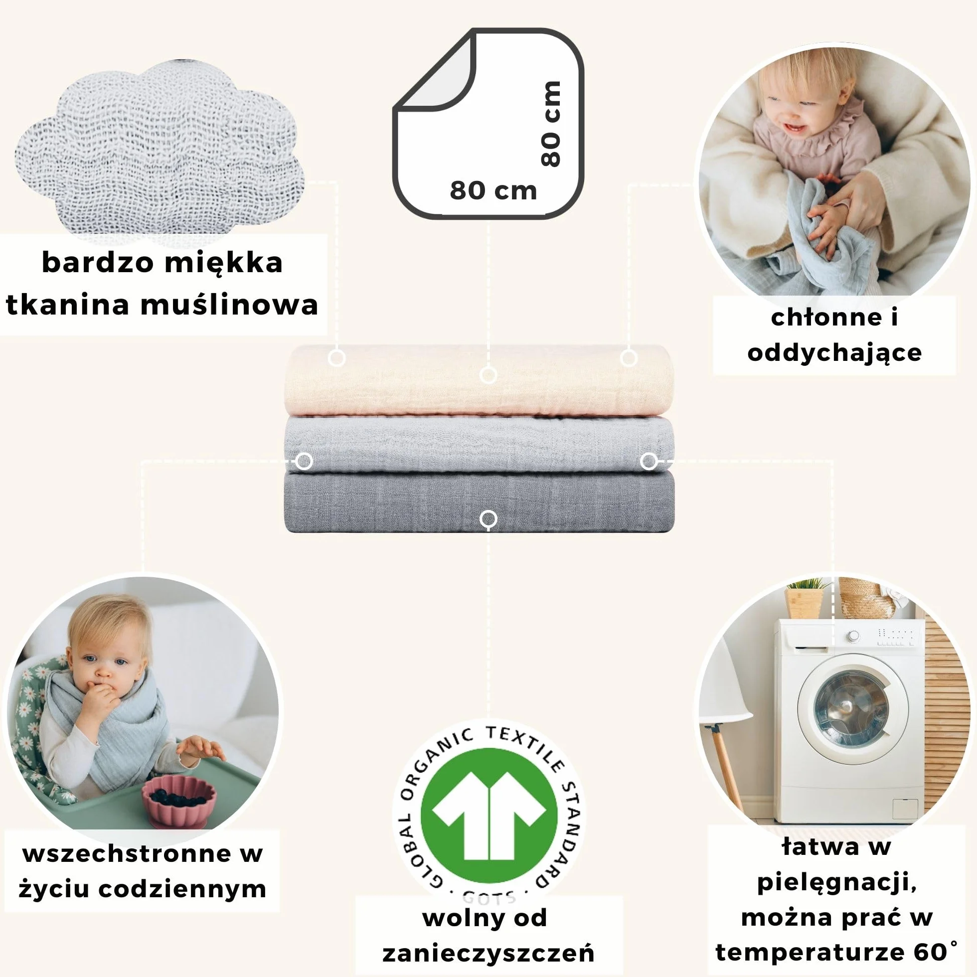 Przewijać Dziecko, 80x80 cm GOTS (wykonane z bawełny organicznej) ściereczki muślinowe dla niemowląt | chłonne, wielokrotnego użytku kwadraty do burp cloth