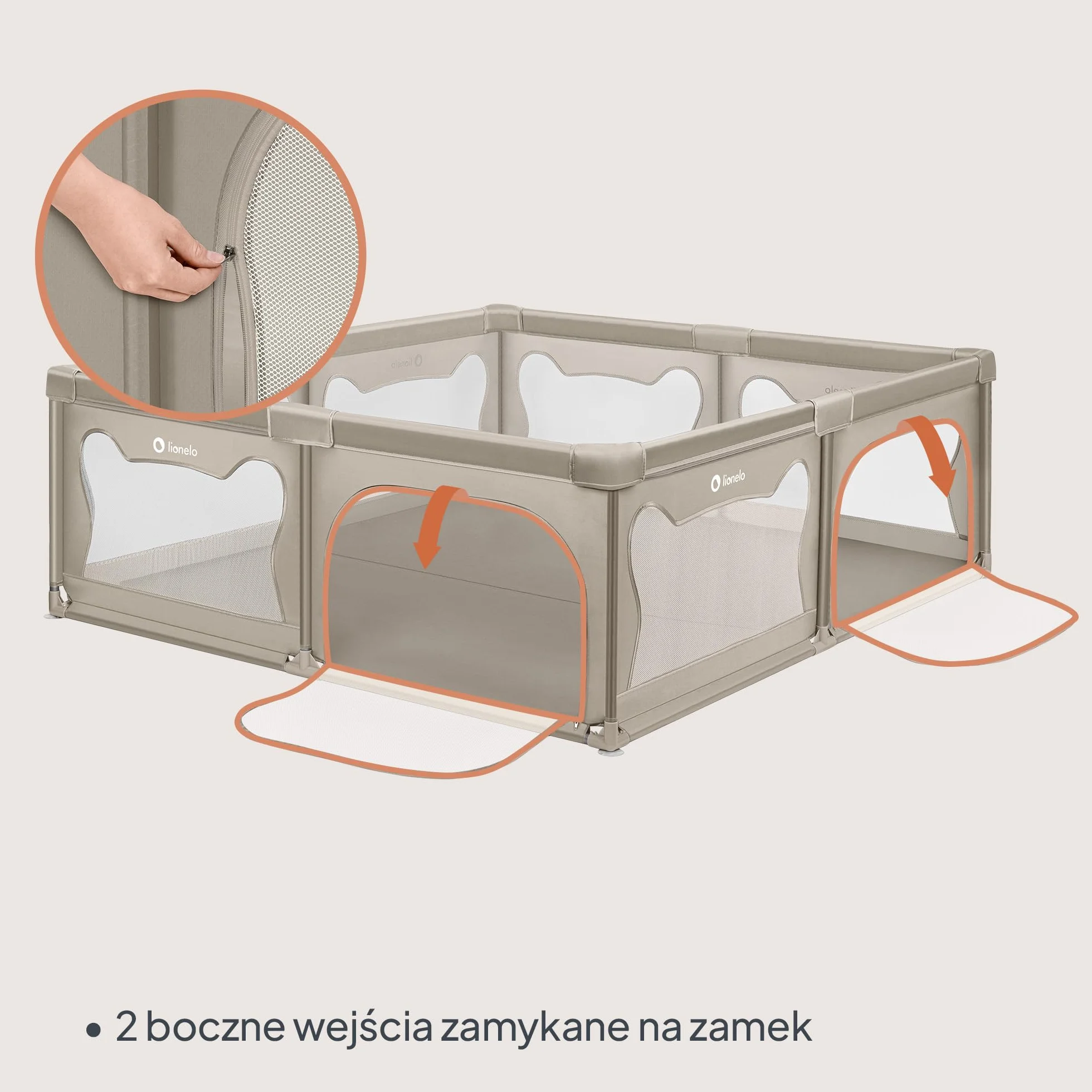 LIONELO WILLOW XL Składany Kojec dla Dziecka, od 0-48 miesięcy, Duża Przestrzeń 187 cm x 207 cm x 68 cm, Kojec dla Niemowląt z Oddychającą Siatką, 2 Boczne Wejścia na Zamek (Beżowy)