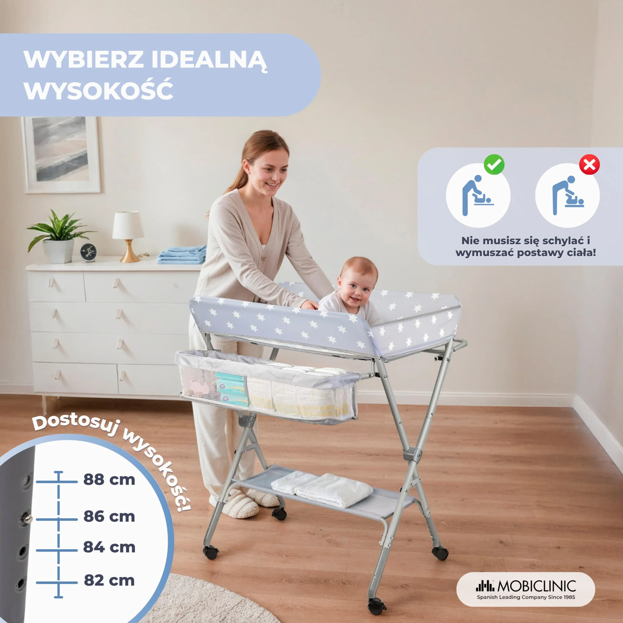Mobiclinic®, Stół do Przewijania Niemowląt, Składany, Regulowana Wysokość, Do 15 kg, 0–36 Miesięcy, Organizer na Pieluchy, Kółka 360° z Hamulcem, Uprząż i Barierka Zabezpieczająca, Zmywalny, Zoey