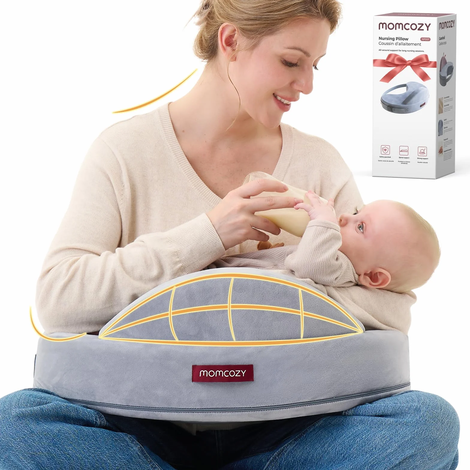 momcozy Poduszka laktacyjna z pianki memory z bezpiecznym obrzeżem – Ergonomiczna poduszka laktacyjna i do układania z regulowanym paskiem i odpinanym bawełnianym pokrowcem, Meteoryt