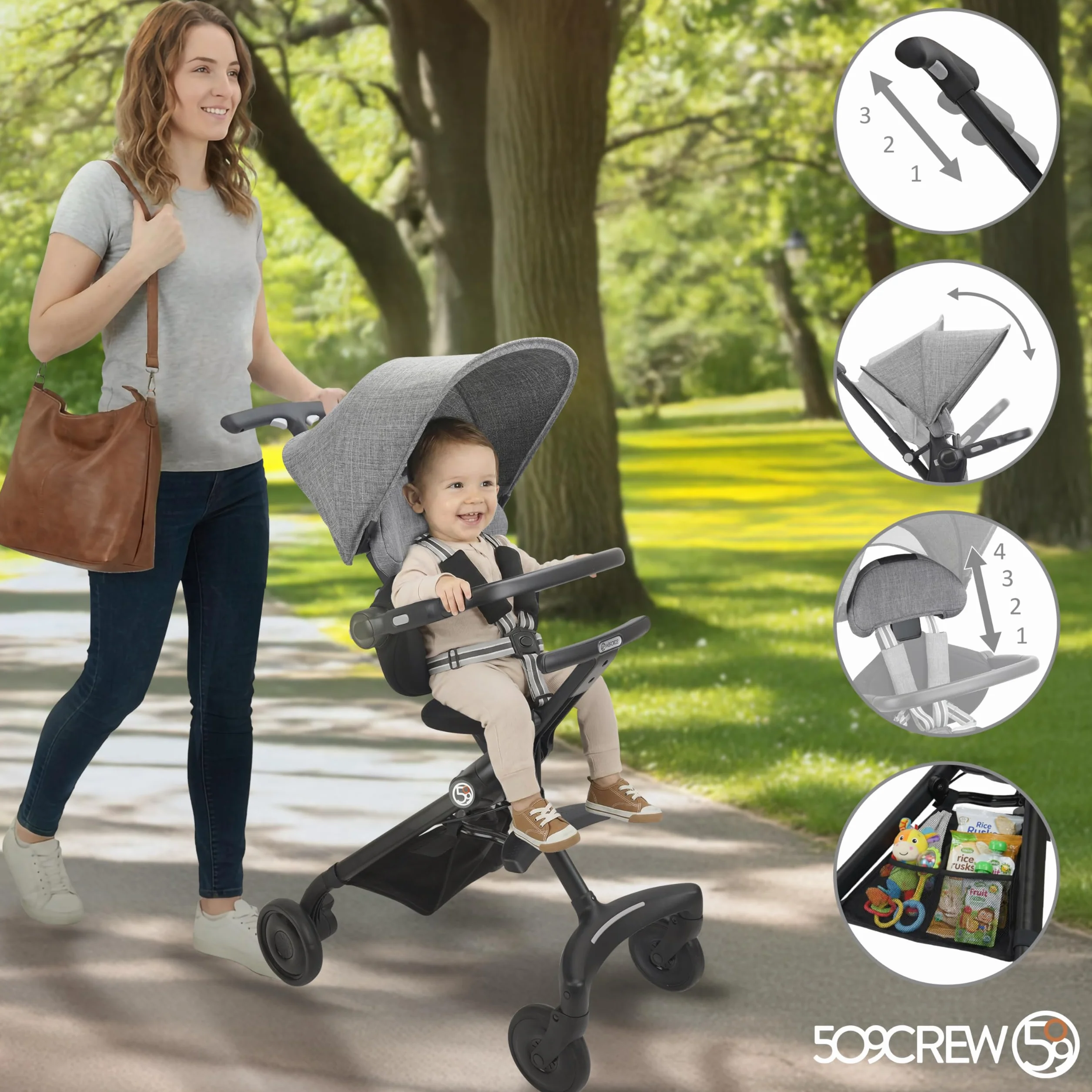 509 Crew EZ-TRAVELLER wózek dziecięcy typu buggy pushchair, Easy & Compact Fold, 2 Recline Backrest Position (Recline Backrest, regulowana wysokość uchwytu), przedni bar, regulowany zagłówek, canopy,