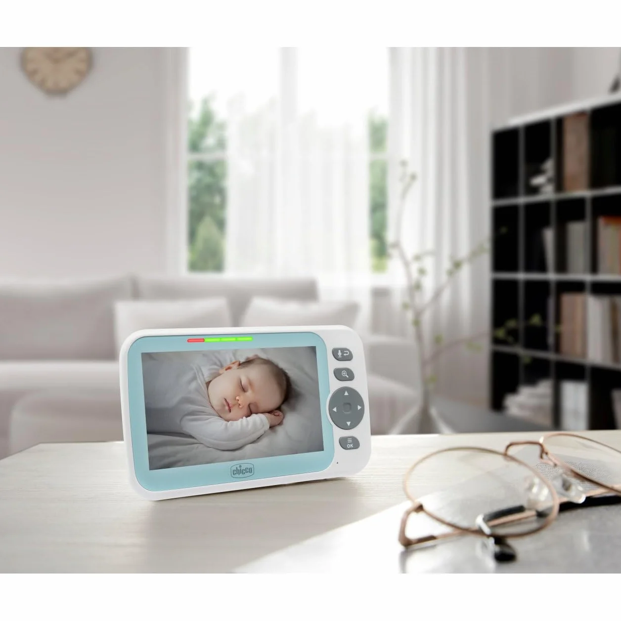 Wideo Babyphone Evolution, zmotoryzowana obrotowa kamera dla niemowląt i dzieci z kolorowym ekranem 5, zasięg 220 m, noktowizor, termometr, białe melodie dźwięku, mikrofon i głośnik