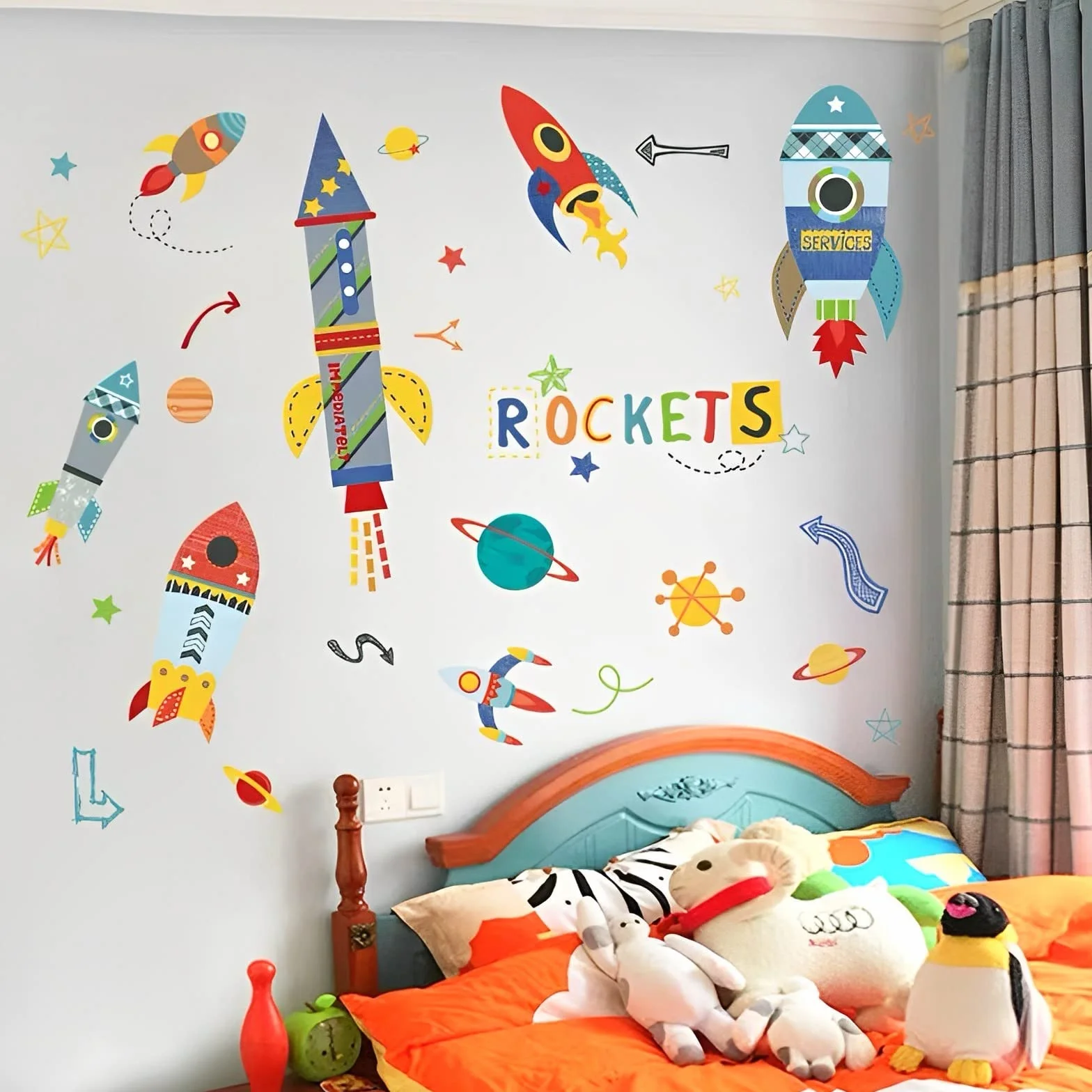 WandSticker4U® - XXL Tatuaż ścienny RAKETE Dzieci I Obrazy ścienne: 85 x 140 cm I Naklejka ścienna Pokój dziecięcy Chłopiec Kosmos Planety Naklejki Gwiazdy Statek Kosmiczny Kolorowy I Dekoracja