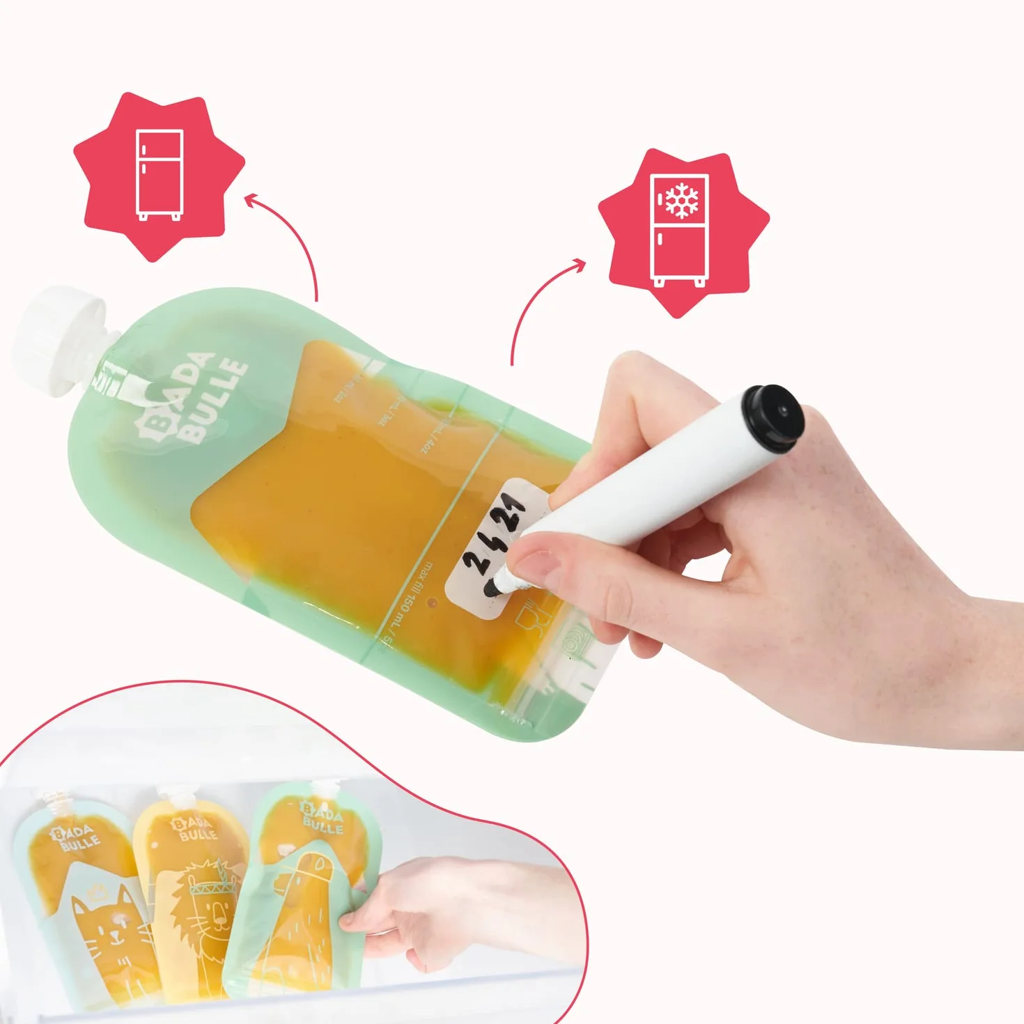 Badabulle Zestaw 15 butelek wielokrotnego użytku dla niemowląt i dzieci, 150 ml, na duszone lub puree, w 100% hermetyczne, wolne od BPA, powierzchnia wielokrotnego zapisywania dla odnotowania przepisu