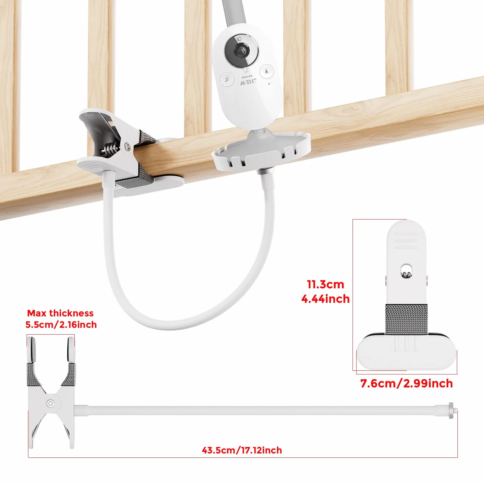 Uchwyt do monitora dla niemowląt dla Philips Avent Babyphone SCD843/26, SCD833/26, SCD891/26, SCD630/26 – Elastyczny klips do wideo monitora dla niemowląt, obrotowy o 360°, bez wiercenia, montaż na