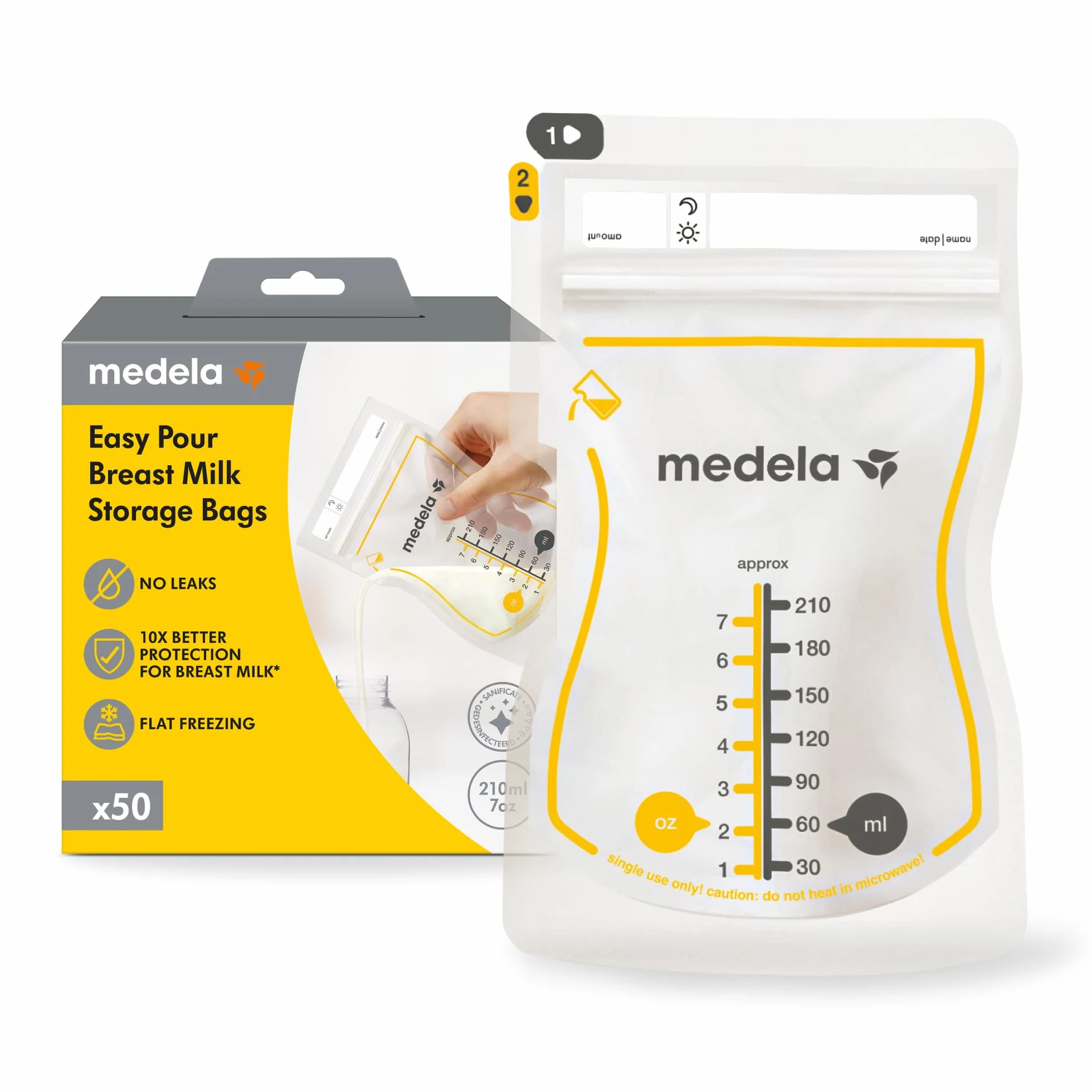 Medela Easy Pour worki do przechowywania mleka matki 50 sztuk 210 ml jednorazowe worki na mleko matki zapobiegające wyciekom z ochroną podstawowe produkty do karmienia piersią