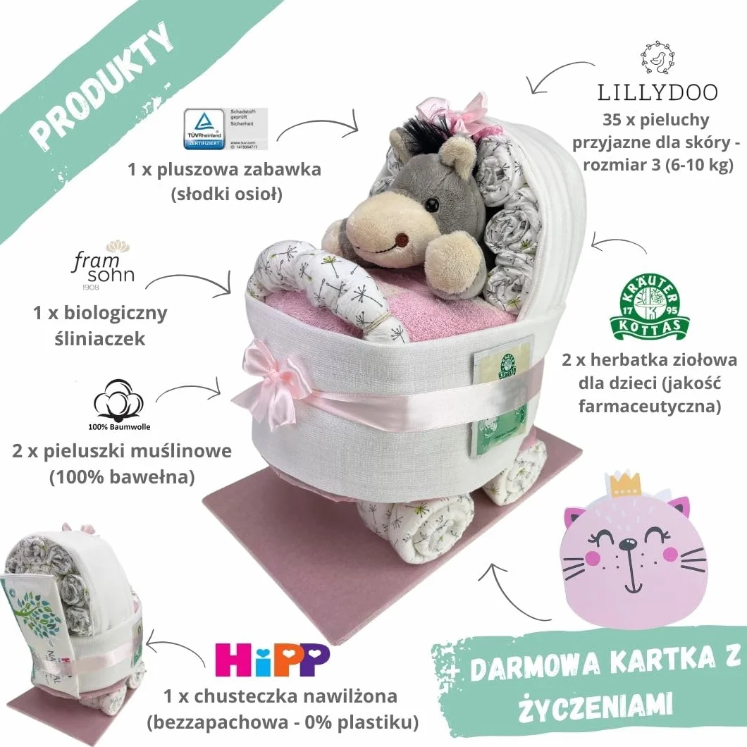 myBambini ® wózek dziecięcy z przytulanką - przytulanka - prezent na narodziny - baby shower - baby - baby shower - puller party (różowy)