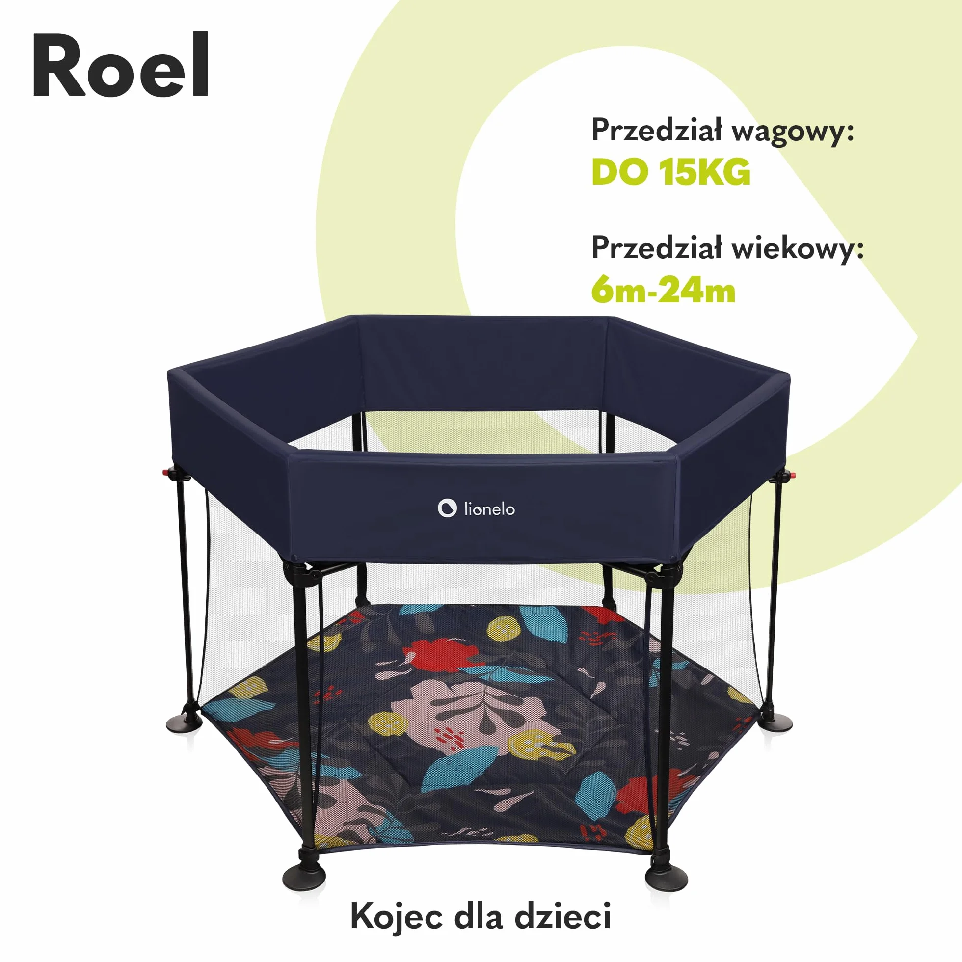 LIONELO Roel kojec dla dzieci do 15 kg, duży format 118 x 118 x 83 cm, sześciokątny kształt, LockGuard, zapięcie składane, wzmocniona podstawa, antypoślizgowe stopki, torba ochronna