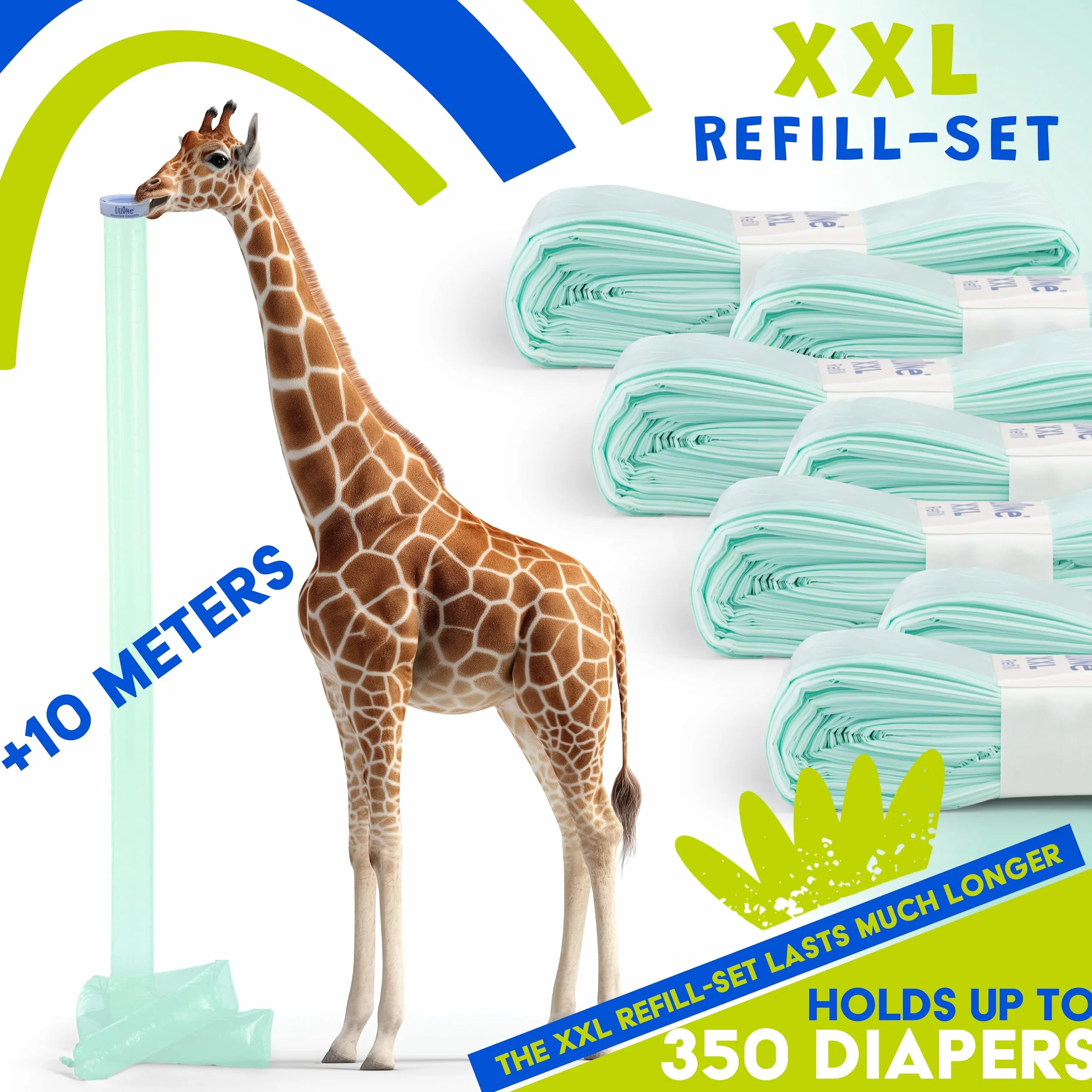 LillOne XXL-SET 10 wkładów powyżej 10 metrów + 1 kaseta wielokrotnego użytku - kompatybilna z pojemnikami na pieluchy Angelcare, Munchkin - Extra Long High Density